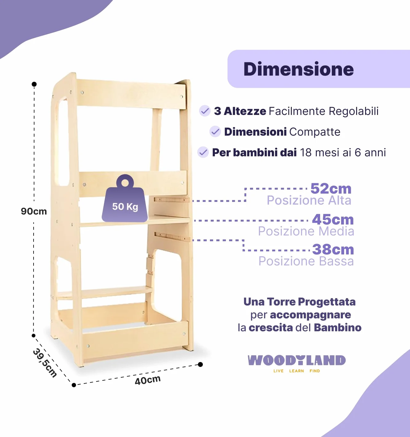 WOODYLAND Torre montessoriana Live, Scala bambini regolabile in altezza, Legno vero 40x39,5x90 cm