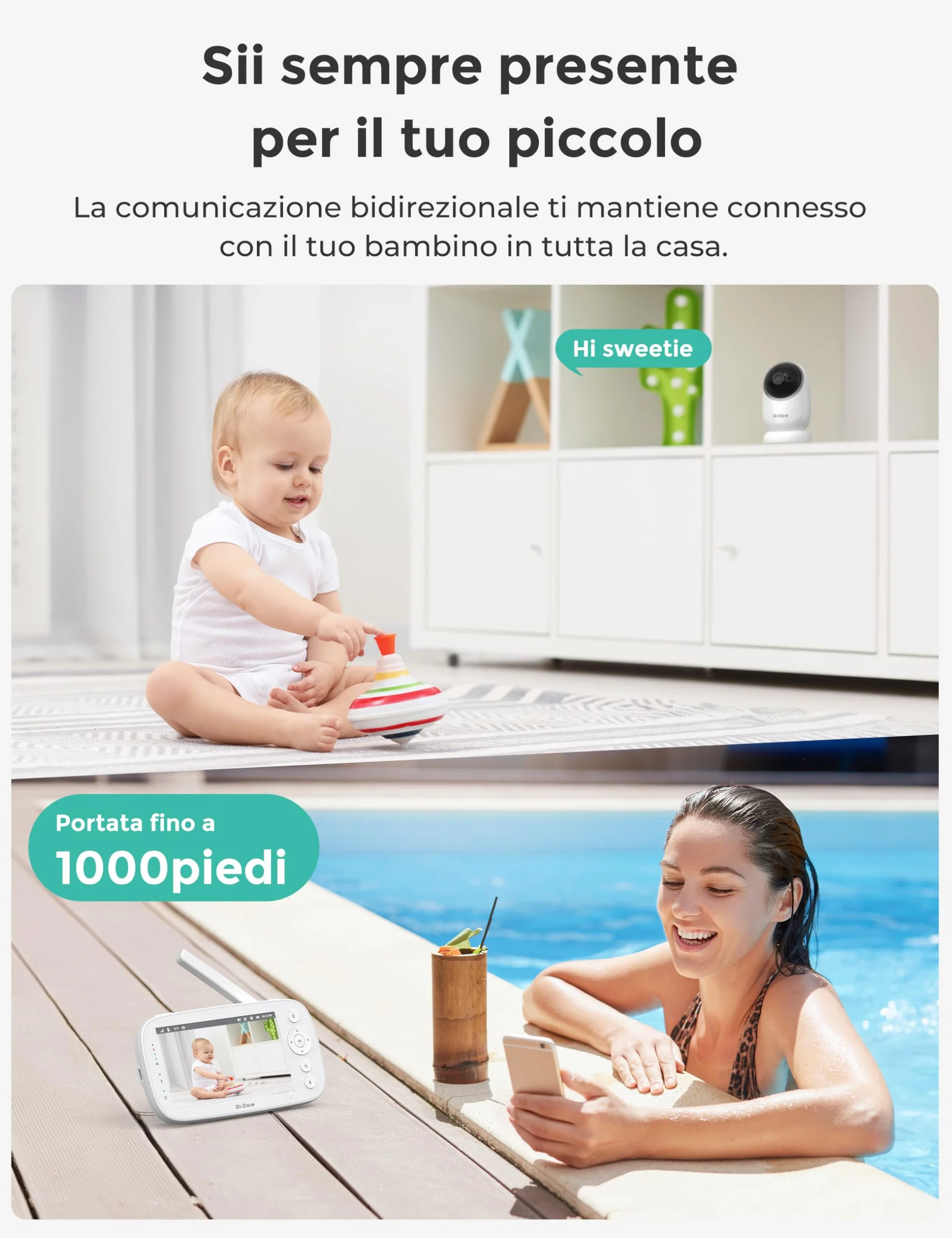Dr.Care Baby Monitor 5" HD 1080P Senza WiFi Bassa Radiazione Visione Notturna Rotazione 360° Batteria 5000 mAh VOX