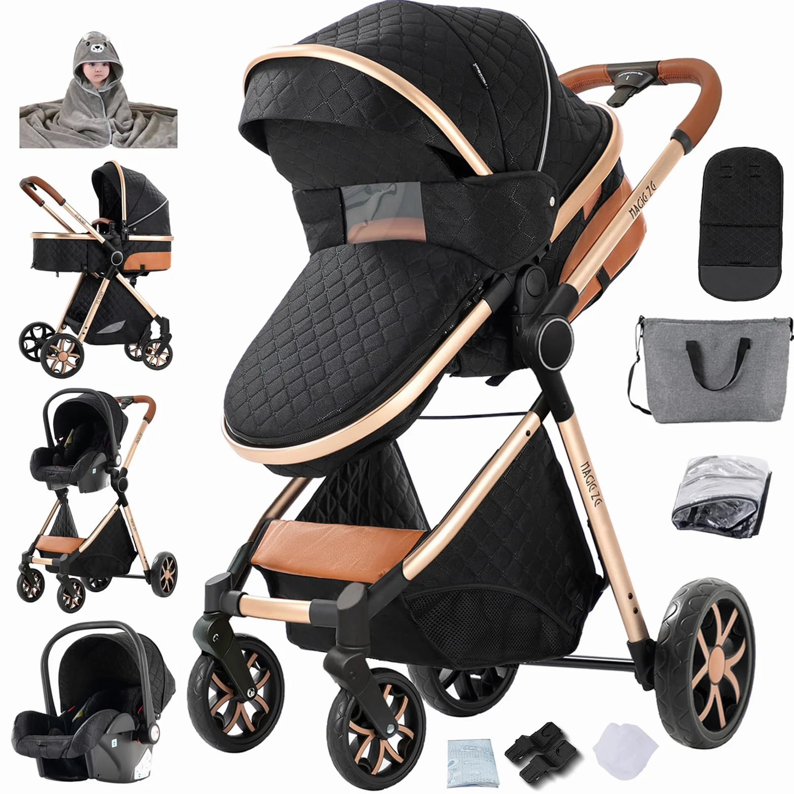 Passeggino 3 in 1 Neonati da Viaggio Reversibile Pieghevole One-Click Doppia Freno (Black)