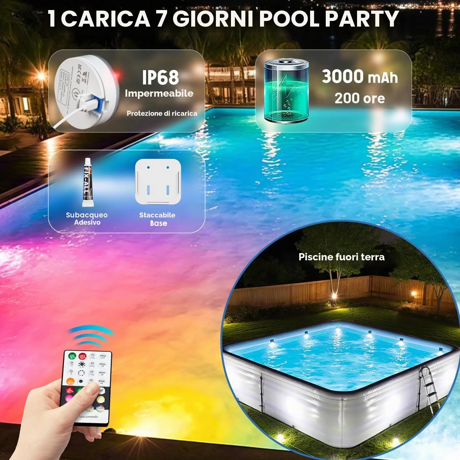 Idyl Light Luci sommergibili ricaricabili per piscina, con telecomando e funzionamento a batteria, LED colori vari, magnetizzate, luci galleggianti