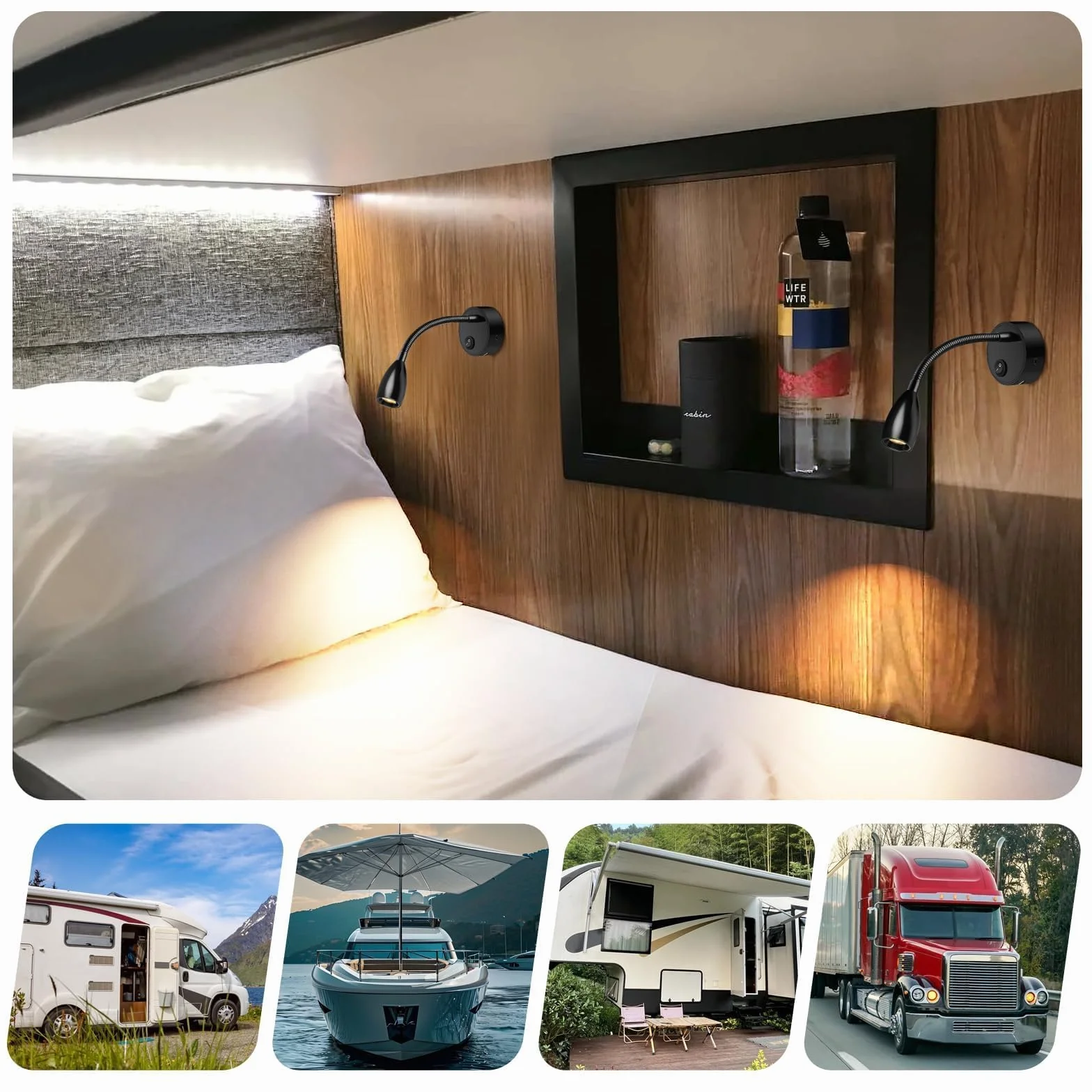 ERWEY 2er LED lampada da lettura 12V camper, lampada da parete 3W 3000K lampada da letto con collo d'oca flessibile e porta di ricarica USB per barca, auto, Van Caravan illuminazione interna, nero