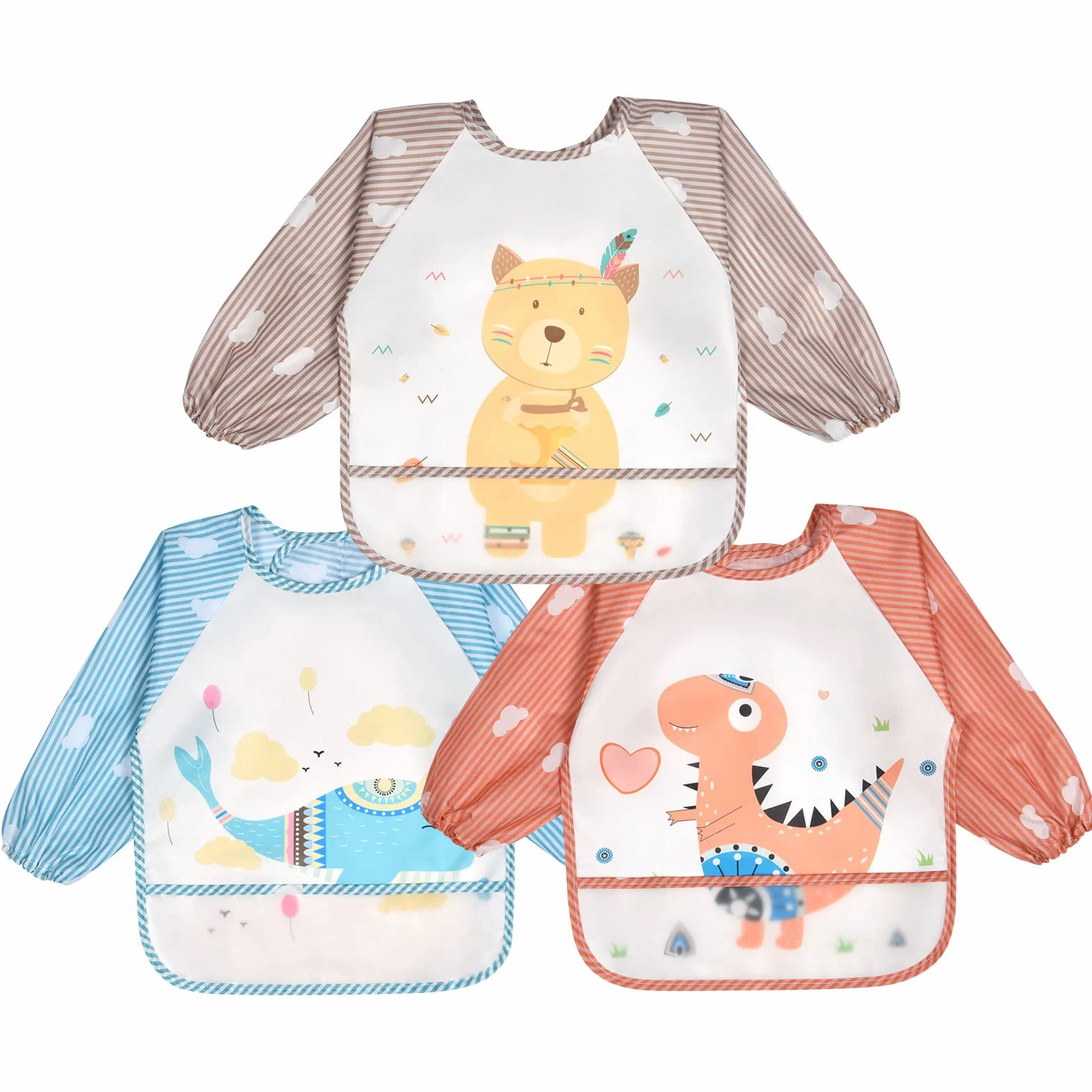 Vicloon Bavaglini Impermeabili con Maniche per Bambini Set 3 Pezzi Grembiule Pappa Pittura 6 Mesi 3 Anni