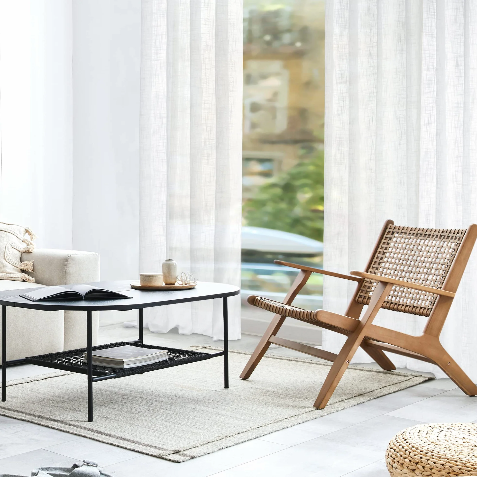 Deconovo Tende per Interni con Anelli, Tende Voile Semi-Trasparenti in Finto Lino 140x290 CM Bianco 2 Pezzi