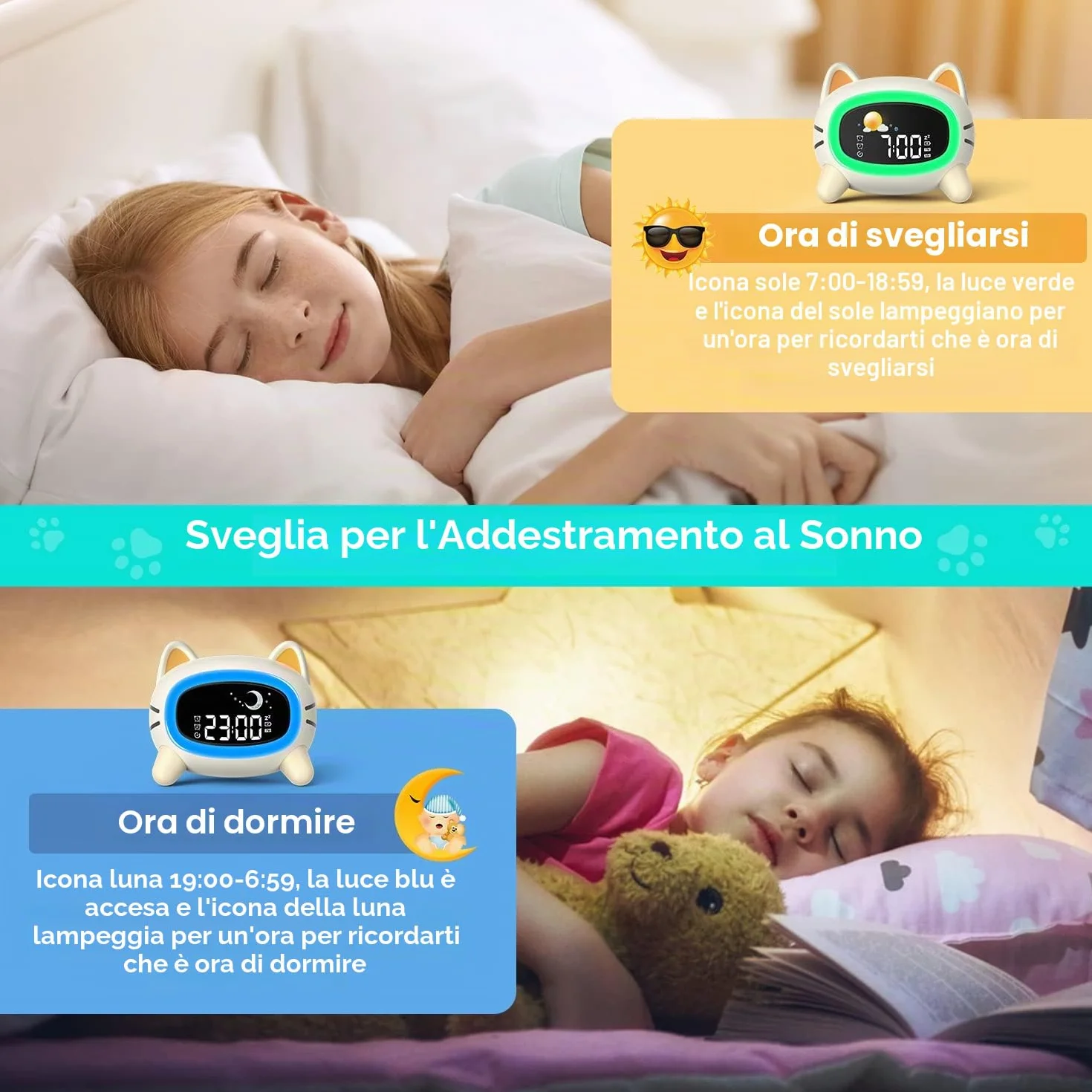 LEMNOI SG5 Sveglia per Bambini, 3 Luminosità 5 luce notturna 7 Musica, Sveglia Digitale per Bambini, Funzione di Ricarica, sveglia da comodino digitale, allenamento del sonno per i bambini (gatto)