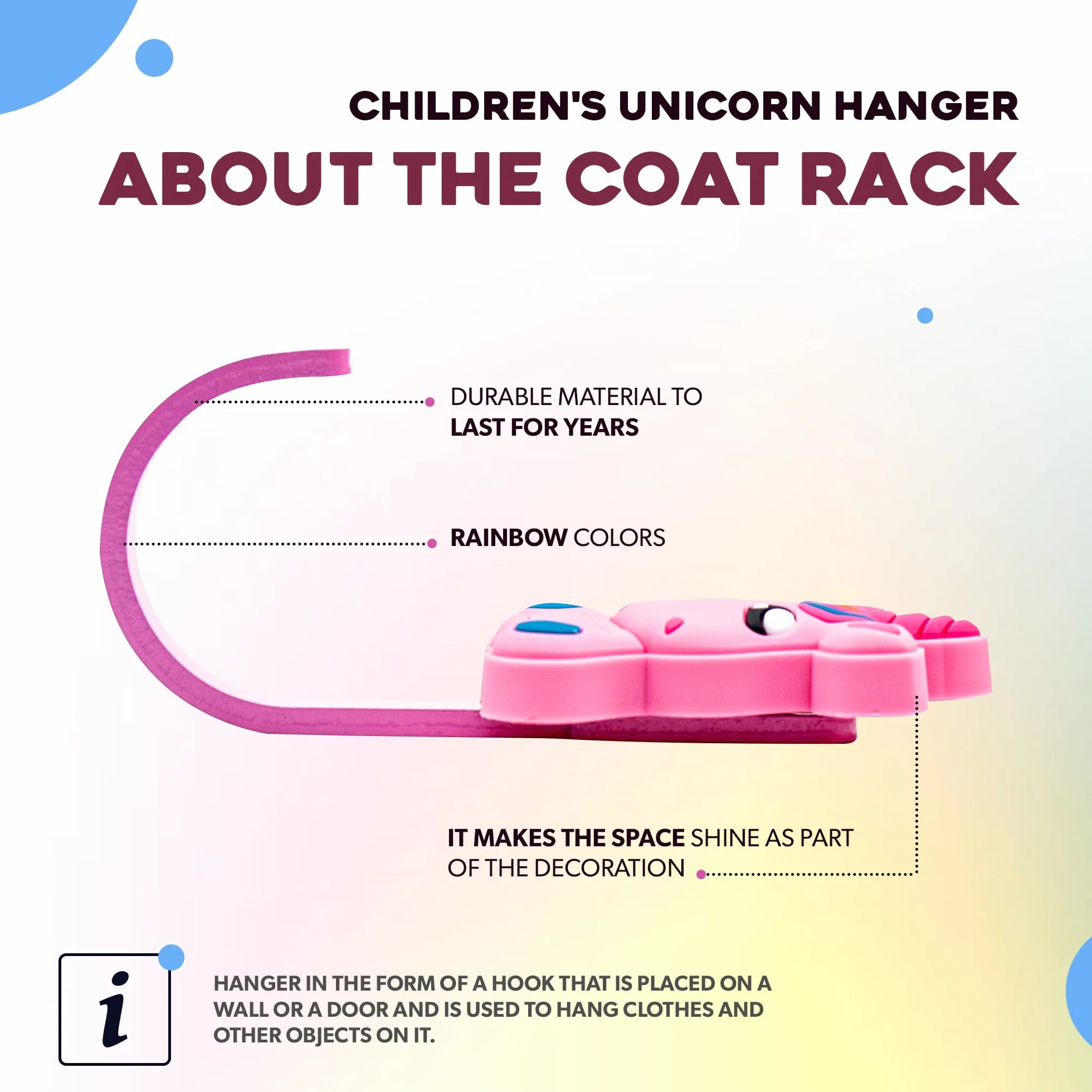 Appendini per bambini Unicorno Rosa 34x90 mm 4 Appendiabiti Attaccapanni