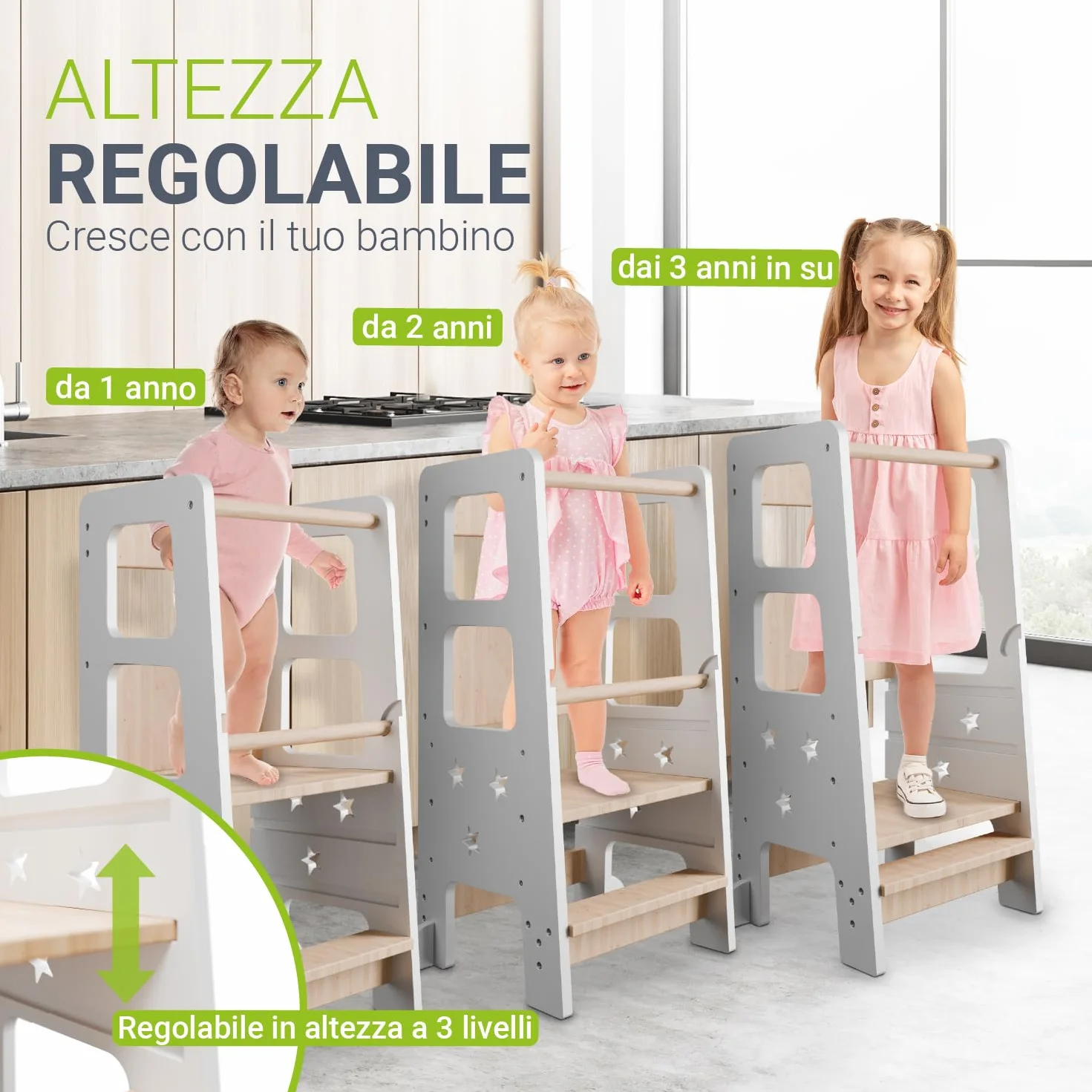 Juskys torre didattica Henny per bambini 1 anno Montessoriana tripla regolazione altezza antiribaltamento sgabello cucina bianco