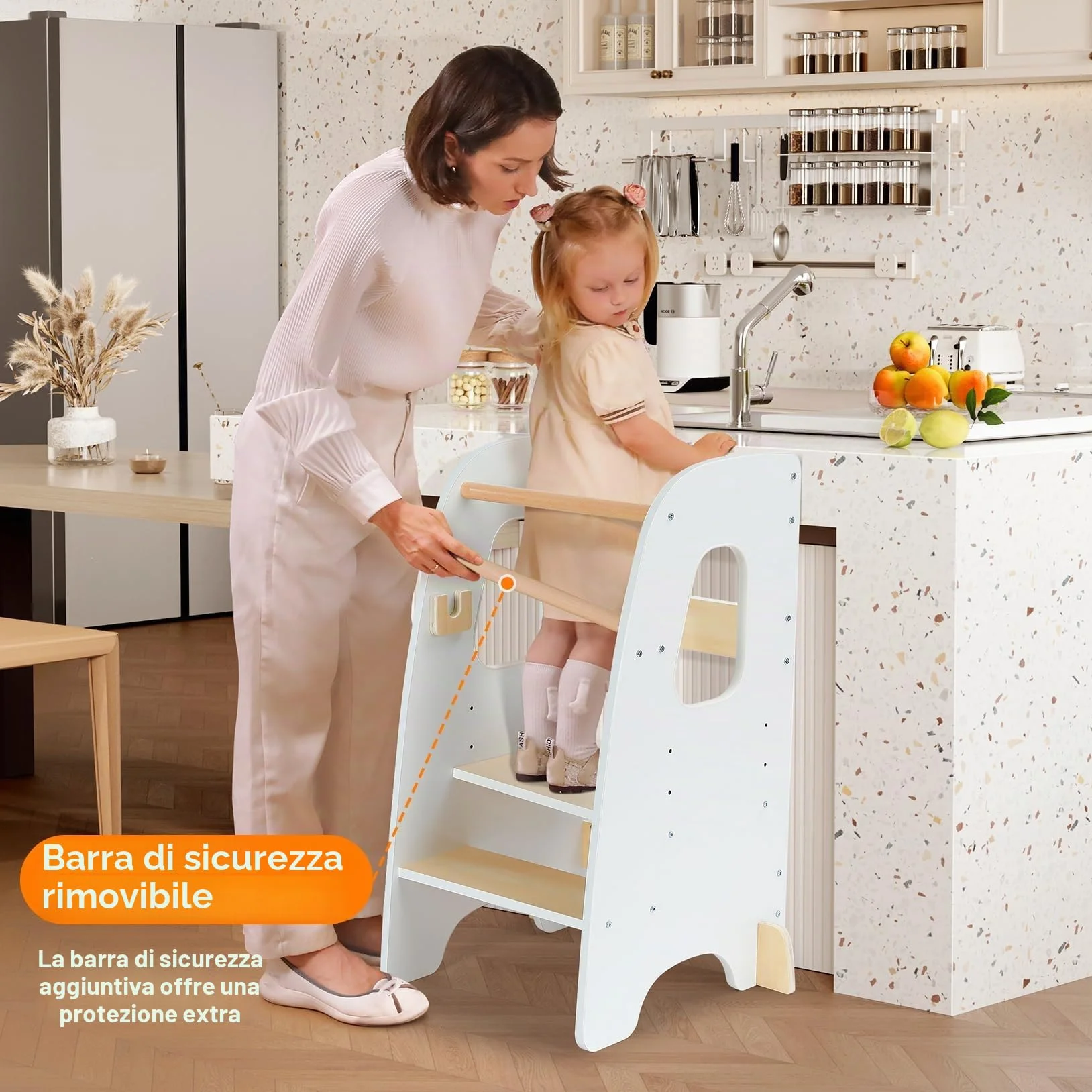 Torre Montessoriana Learning Tower Sicura Altezze Regolabili Doppia Barra Protezione Antiscivolo Anti-Ribaltamento Bianco