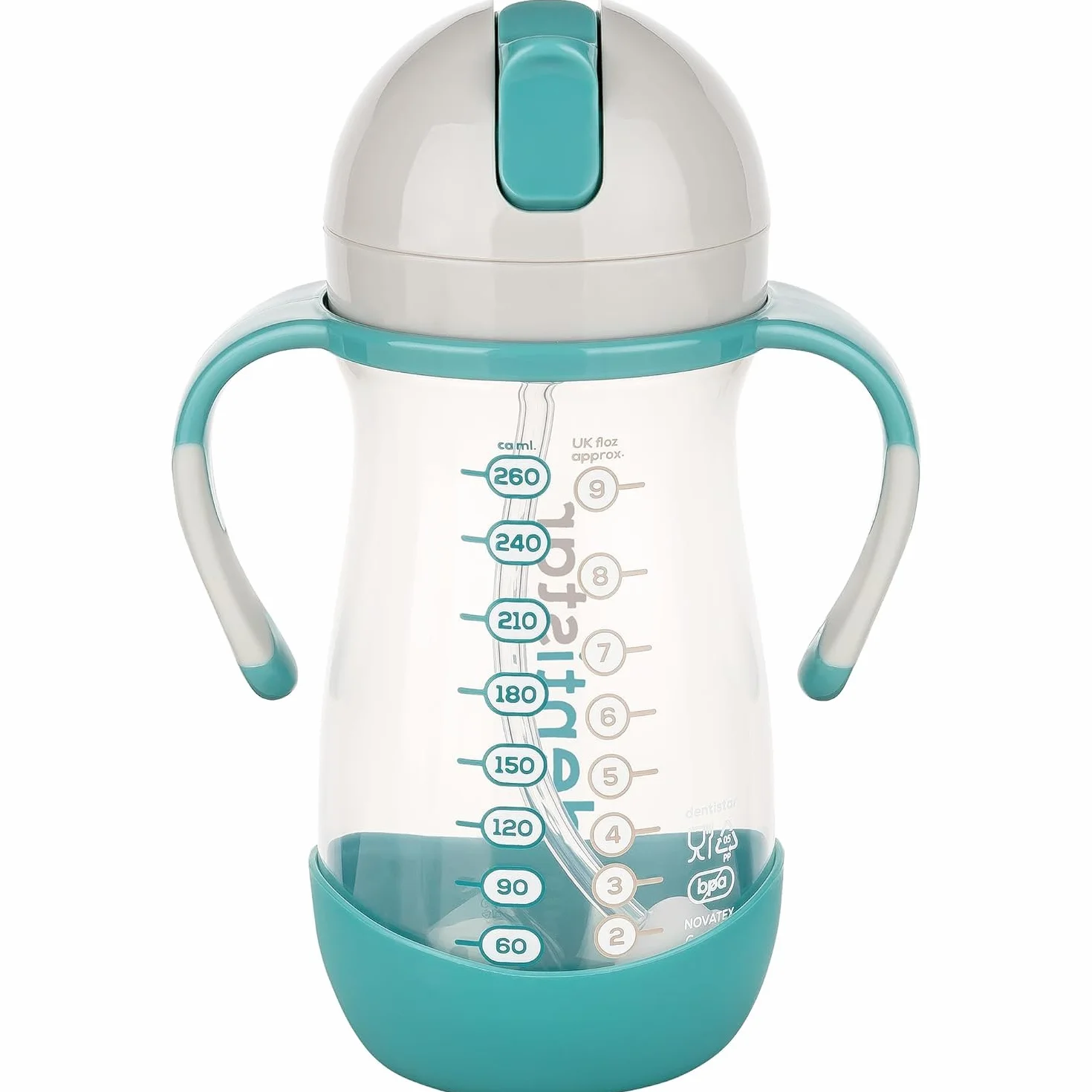 Dentistar Tazza bambini 260 ml Bicchiere antigoccia con cannuccia dinamica e manici Senza BPA Menta