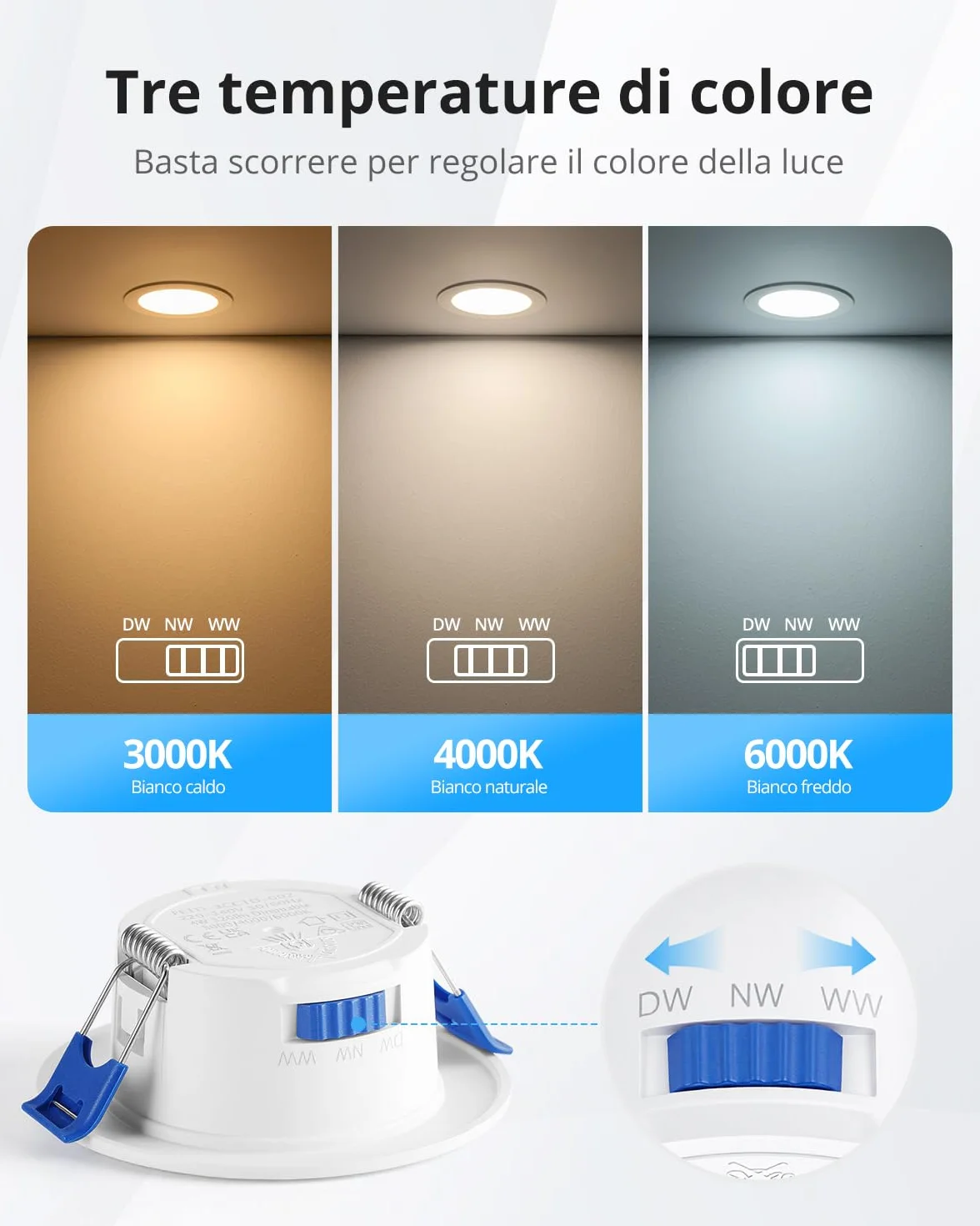 Gr4tec Faretti LED da Incasso per Cartongesso 220V, 4W Faretto LED Interno da Incasso Luce Calda 3000K Luce Naturale 4000K Luce Fredda 6000K, Faretti LED Soffitto Foro 55-68mm per Bagno, Set di 10