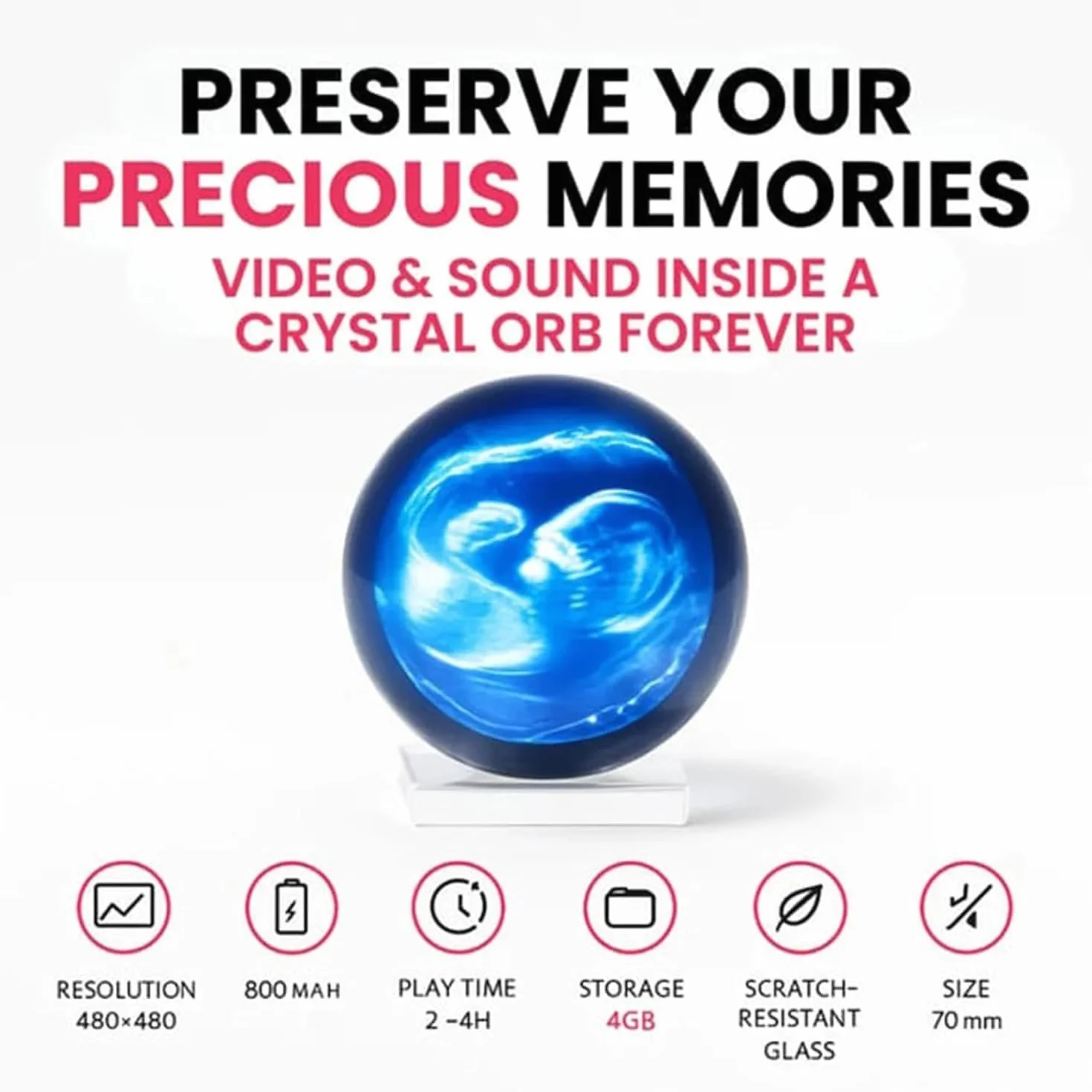 Lumiorb Wifi Crystal Ball – Sfera di memoria per video e foto 3D, ornamento immersivo con sfera di memoria, lettore di video e foto con display digitale (White)