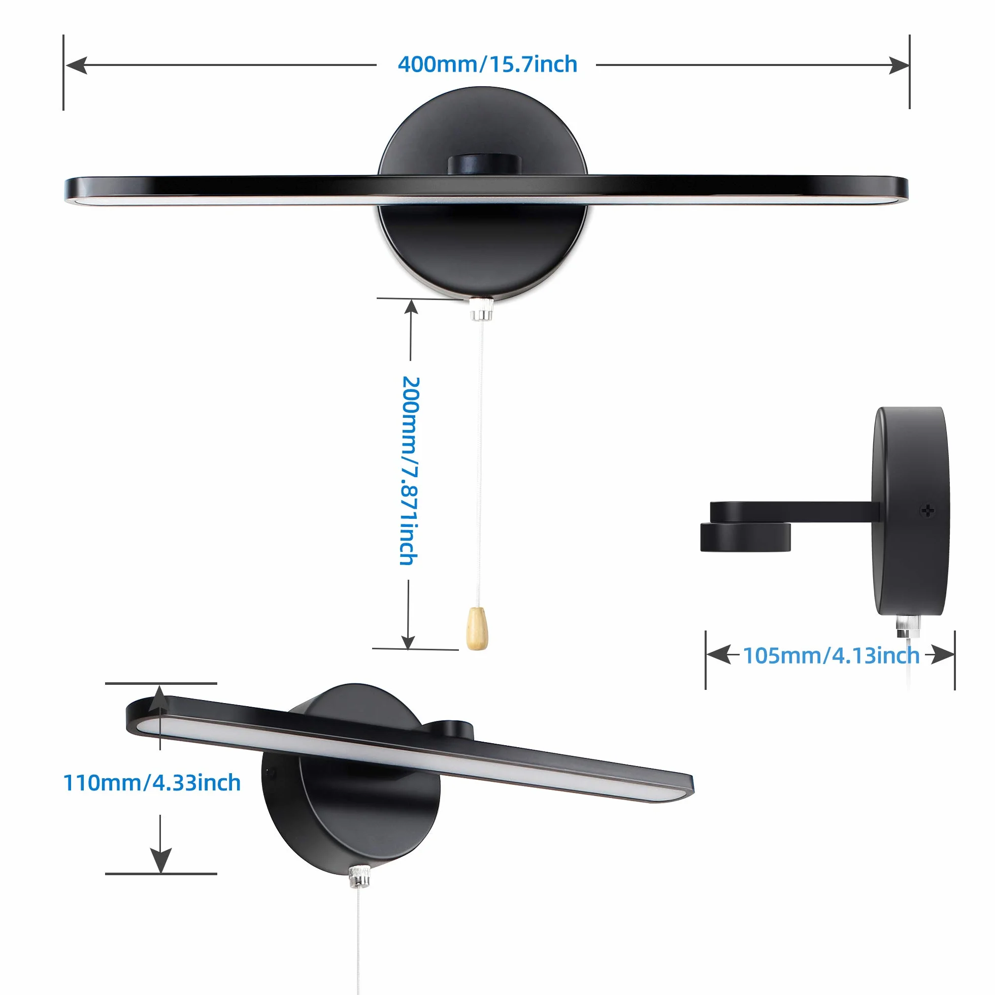 MantoLite Esposizione da Luci per,12W IP44 Lampade da Specchio con Interruttore Faretti da Muro,40CM 3000K Applique da Parete LED Interni Applique Da Parete Luci Lettura(Finitura Nero Opaca)