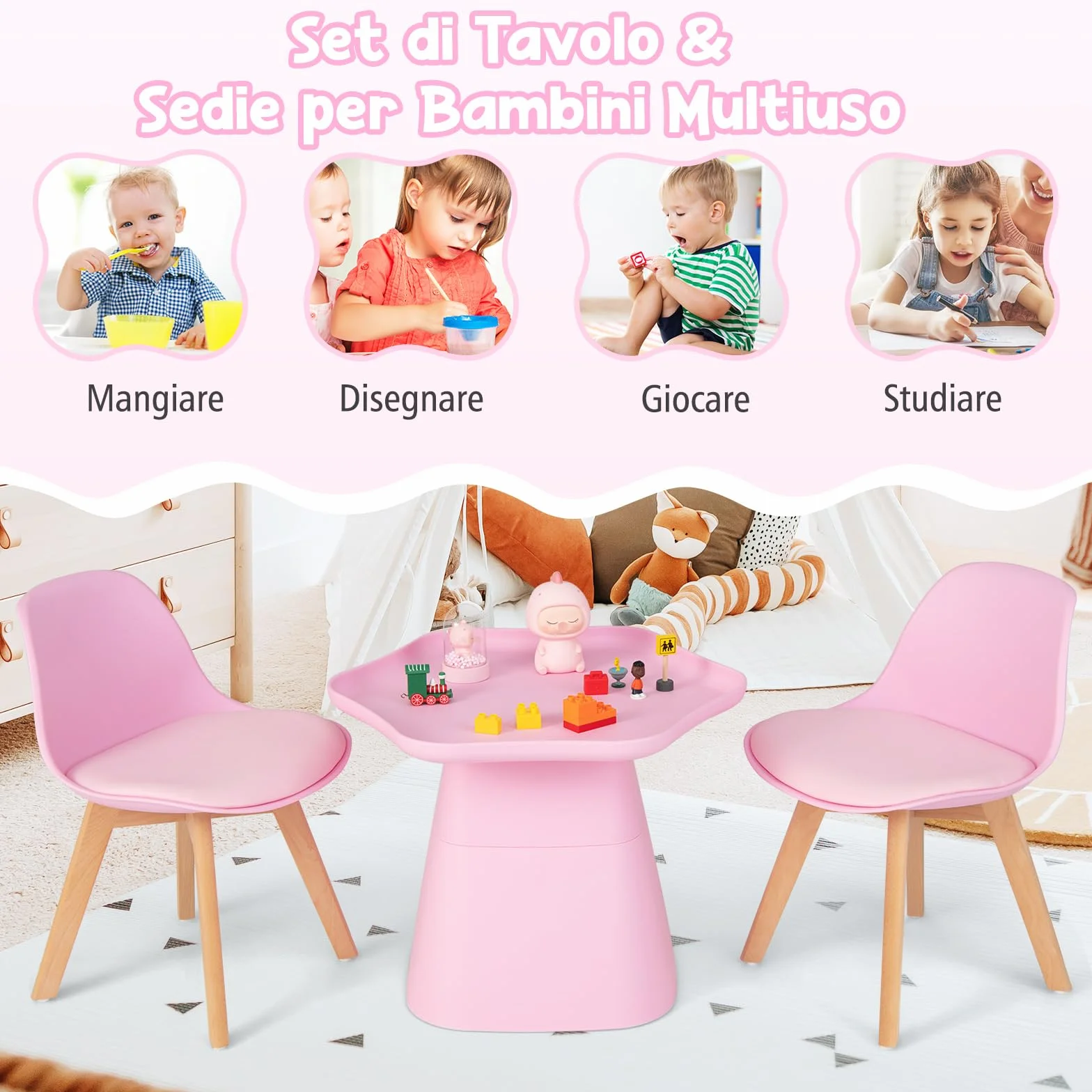 RELAX4LIFE Set Tavolo e Sedie Bambini 3 Pezzi Tavolino 2 Sedie Gambe Legno Faggio Seduta Similpelle 2 cm