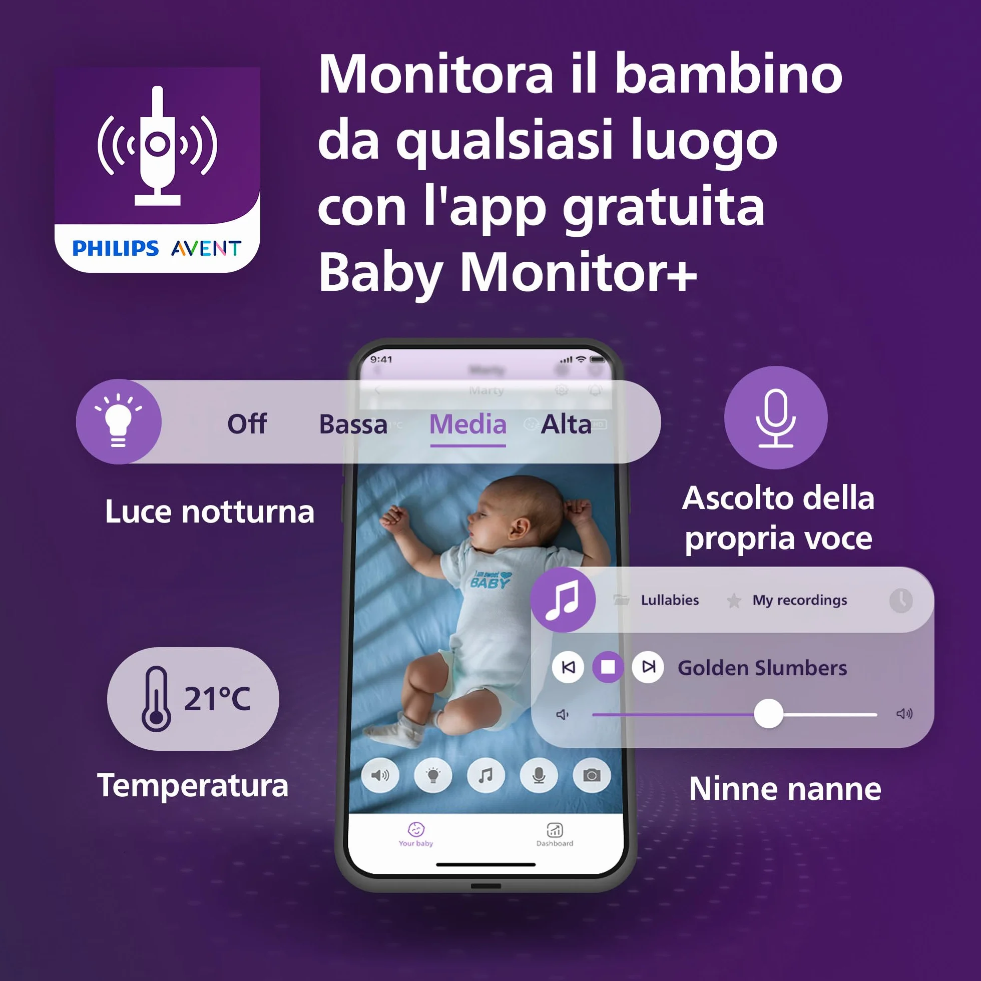 PHILIPS Avent SCD951/26 Baby Monitor Wi-Fi con Telecamera HD, Visione Notturna a Infrarossi, Rilevamento Pianto, Audio Bidirezionale, 12 Ore Autonomia