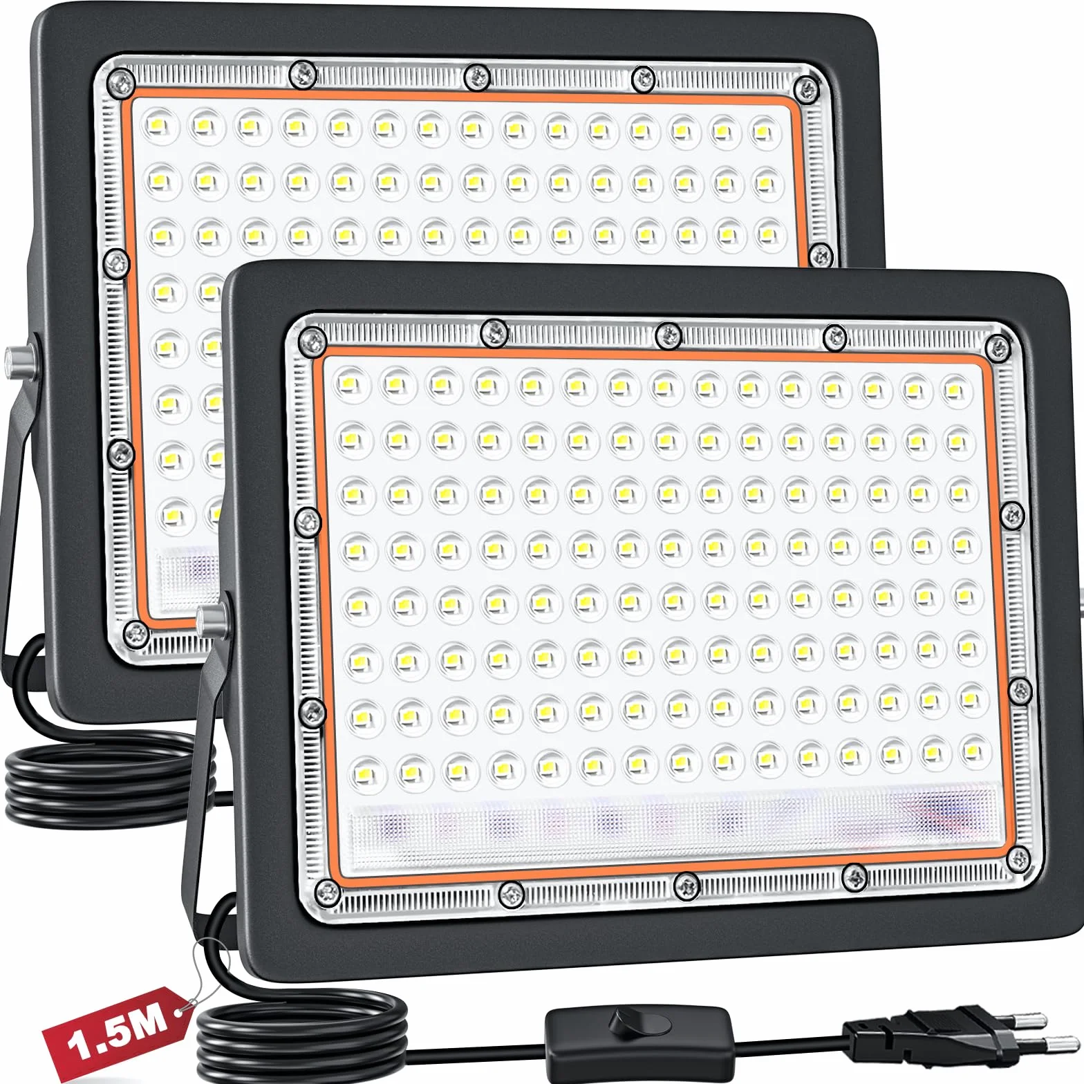 CREATESTAR 100W Faretto LED da Esterno,2pcs Faretto Led con Spina,6500K bianco naturale,Super illuminoso Faro led da 10000 lumen Faretti led Impermeabile IP66 per cortile, giardino, garage, tetto.