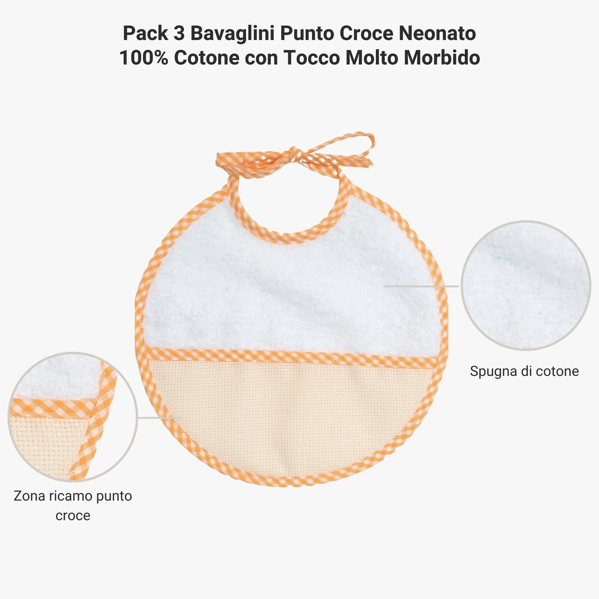 Bavaglino Punto Croce Neonato 100% Cotone Morbido Chiusura a Nastro
