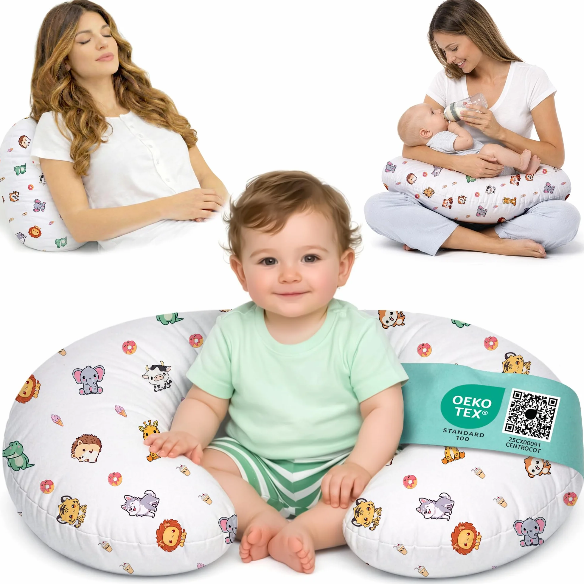Ciambella Allattamento Neonato con Federa 100% Cotone Morbido Riempimento Ergonomico Supporto Schiena Premaman Lavabile