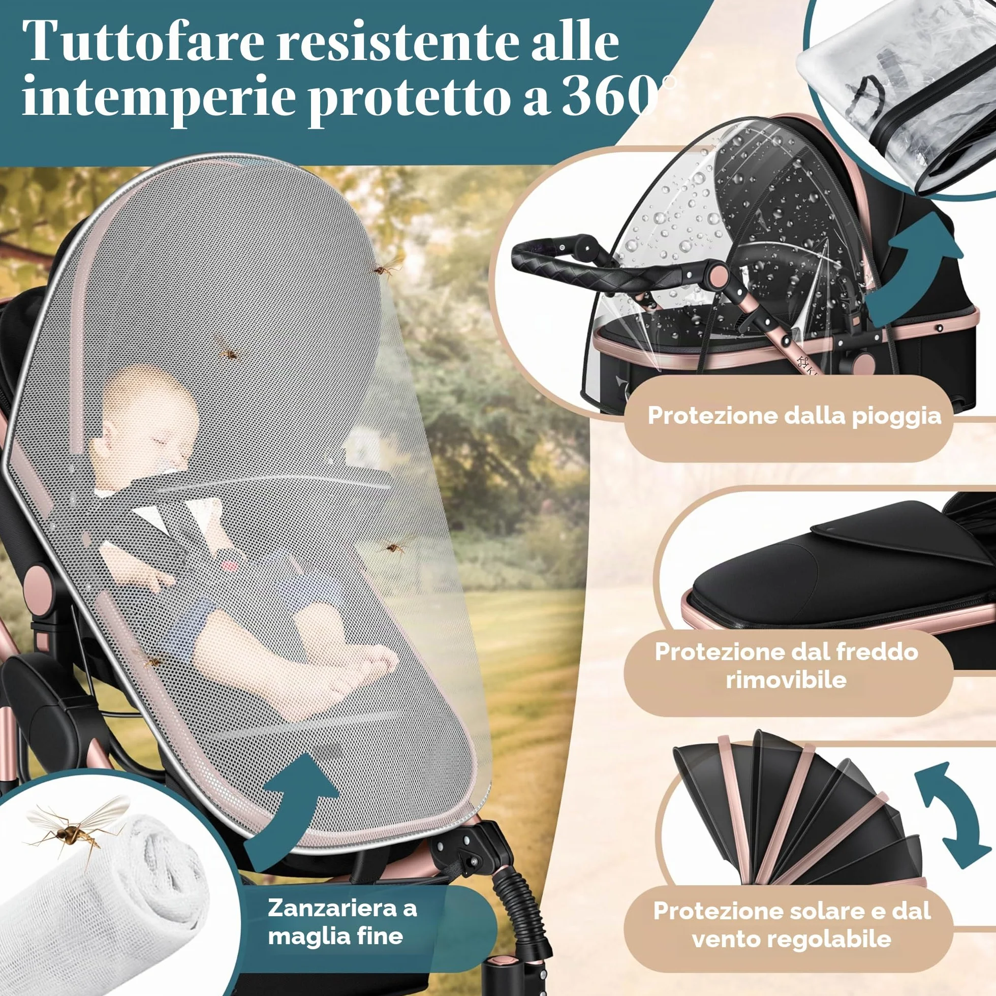 KESSER Carrozzina 3in1 Loops, Combinata con navicella, Seggiolino auto, Nero/Oro Rosato