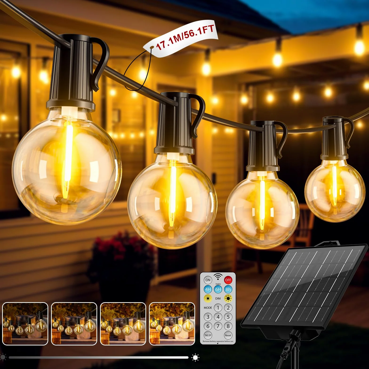 FIFlying Catena Luminosa Esterno Solare 17M Luci Solari da Giardino con 24+1 Lampadine LED G40 Impermeabile Luci Gazebo da Esterno Solari per Giardino Patio Balcone Matrimonio Feste