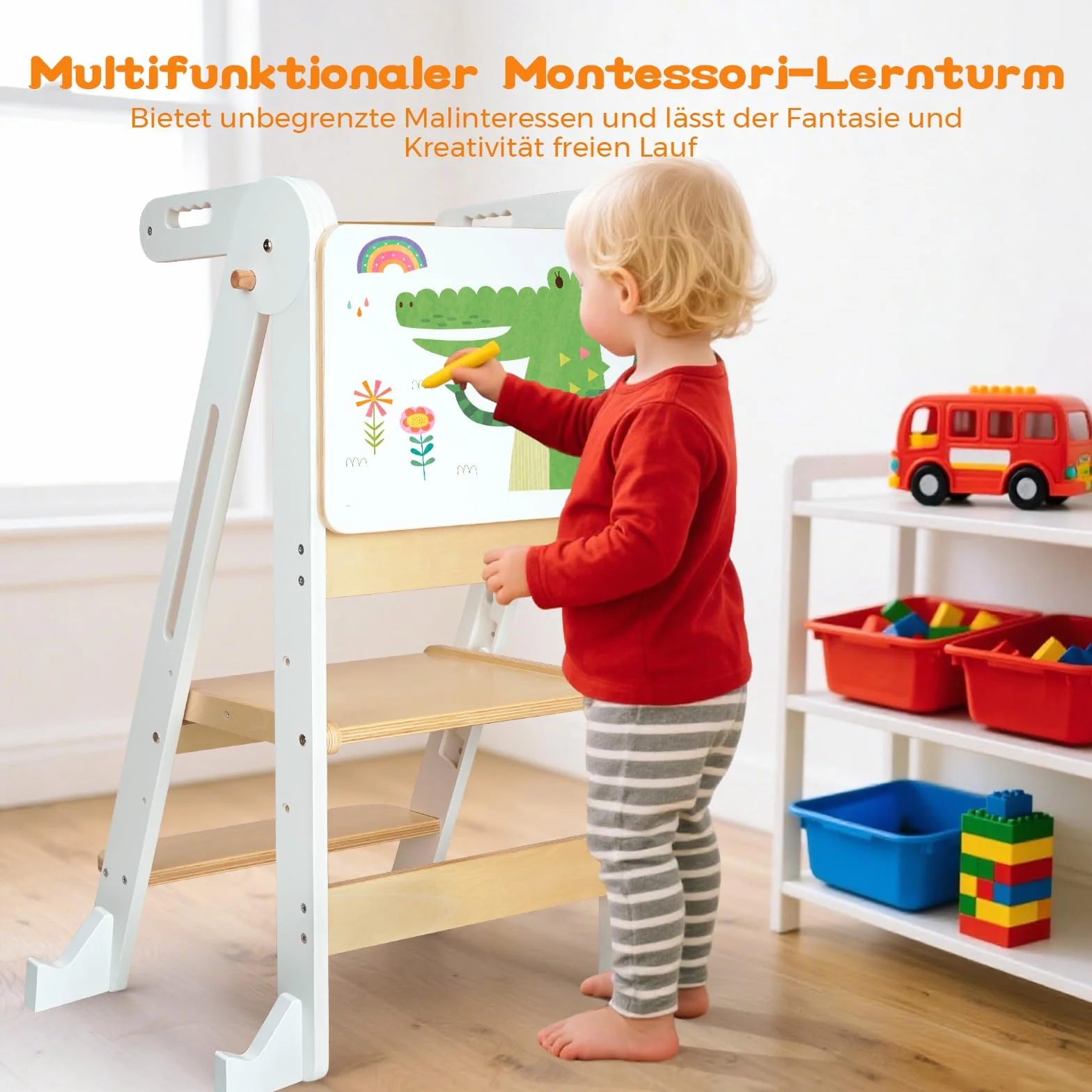 Montessoriana Pieghevole Torre di Apprendimento per Bambini con Tavolo da Disegno e Corrimano di Sicurezza, Regolazione Altezza, Antiribaltamento