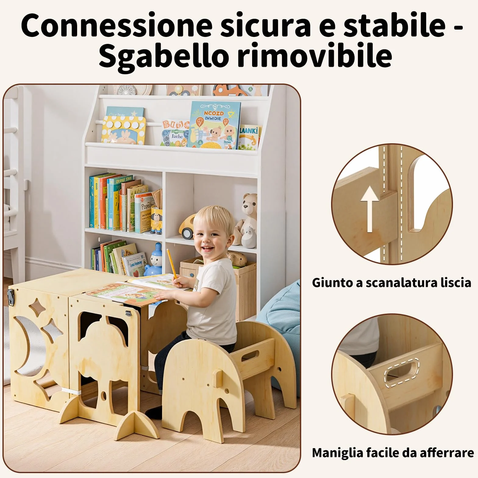 COSYLAND Torre Montessoriana Bambini 4 in 1 - Torretta Montessoriana con Scrivania e Sedia in Legno Naturale