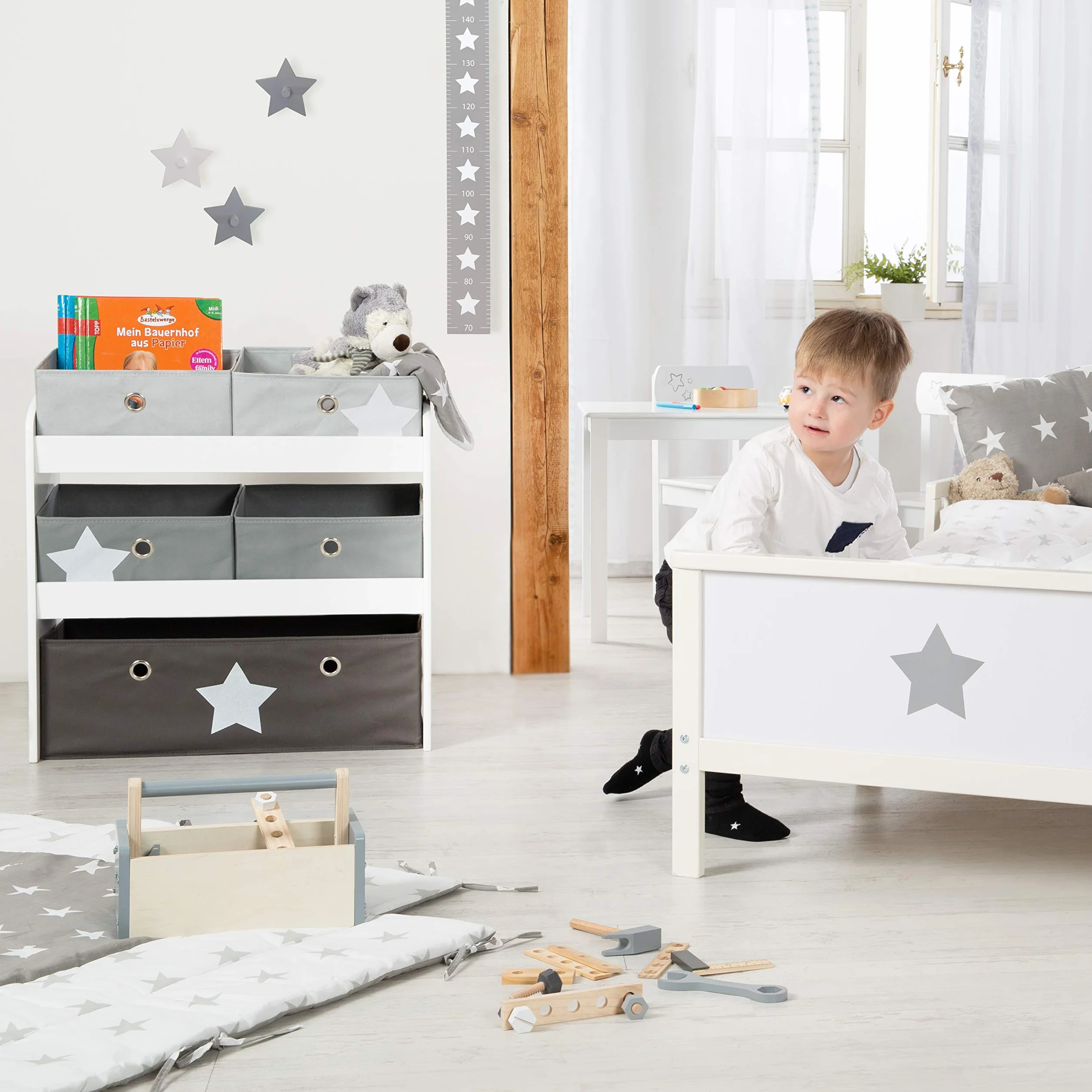 roba Scaffalatura Portaoggetti Stars 5 Scatole Tessuto Grigio 64x30x60 cm Legno Laccato Bianco