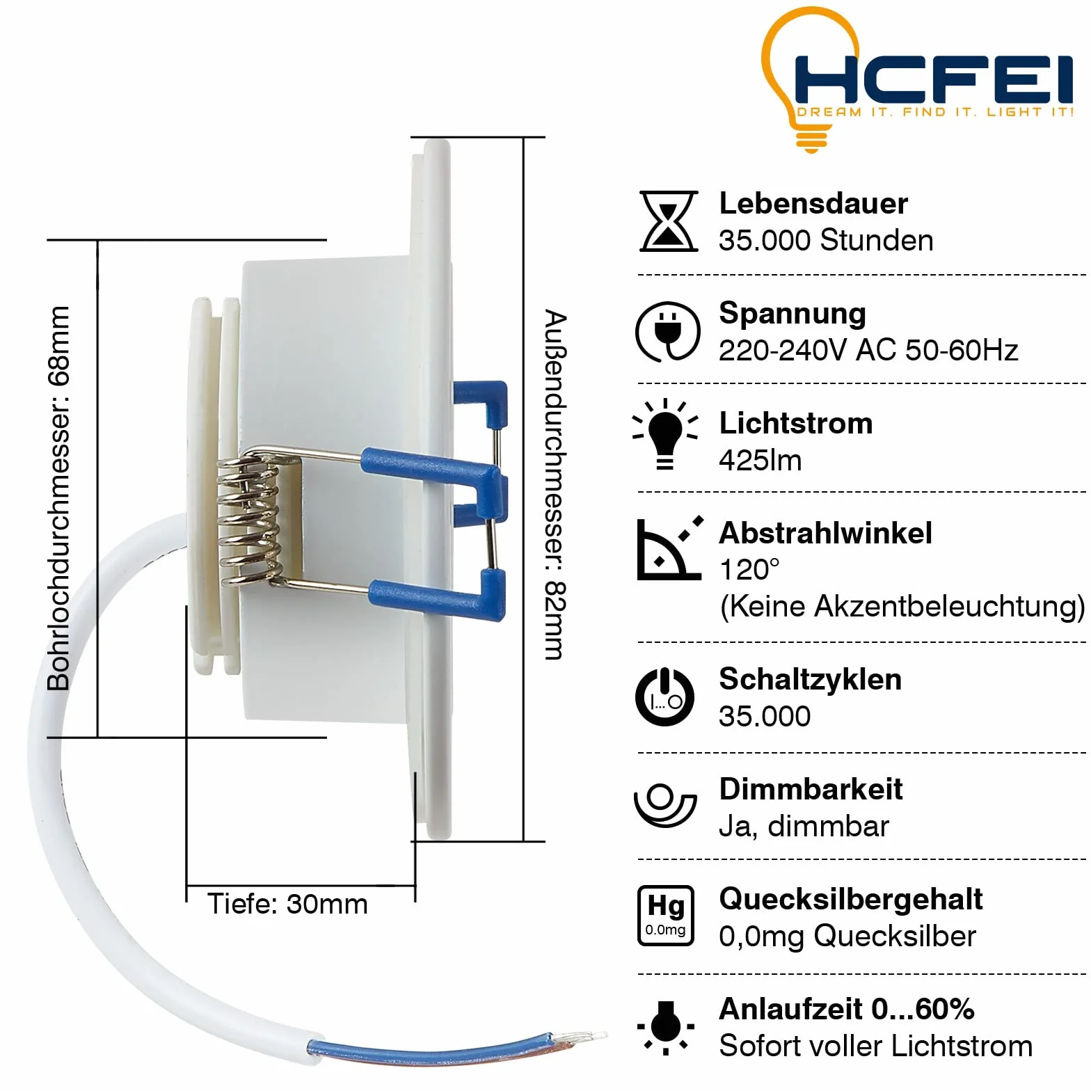 HCFEI | Faretto da incasso a LED Bianco 5W | 35mm di profondità d'incasso | Ø60mm di diametro del foro | Faretto regolabile per soggiorno, bagno | 230V | IP44 | Bianco neutro 4000K | SET 3