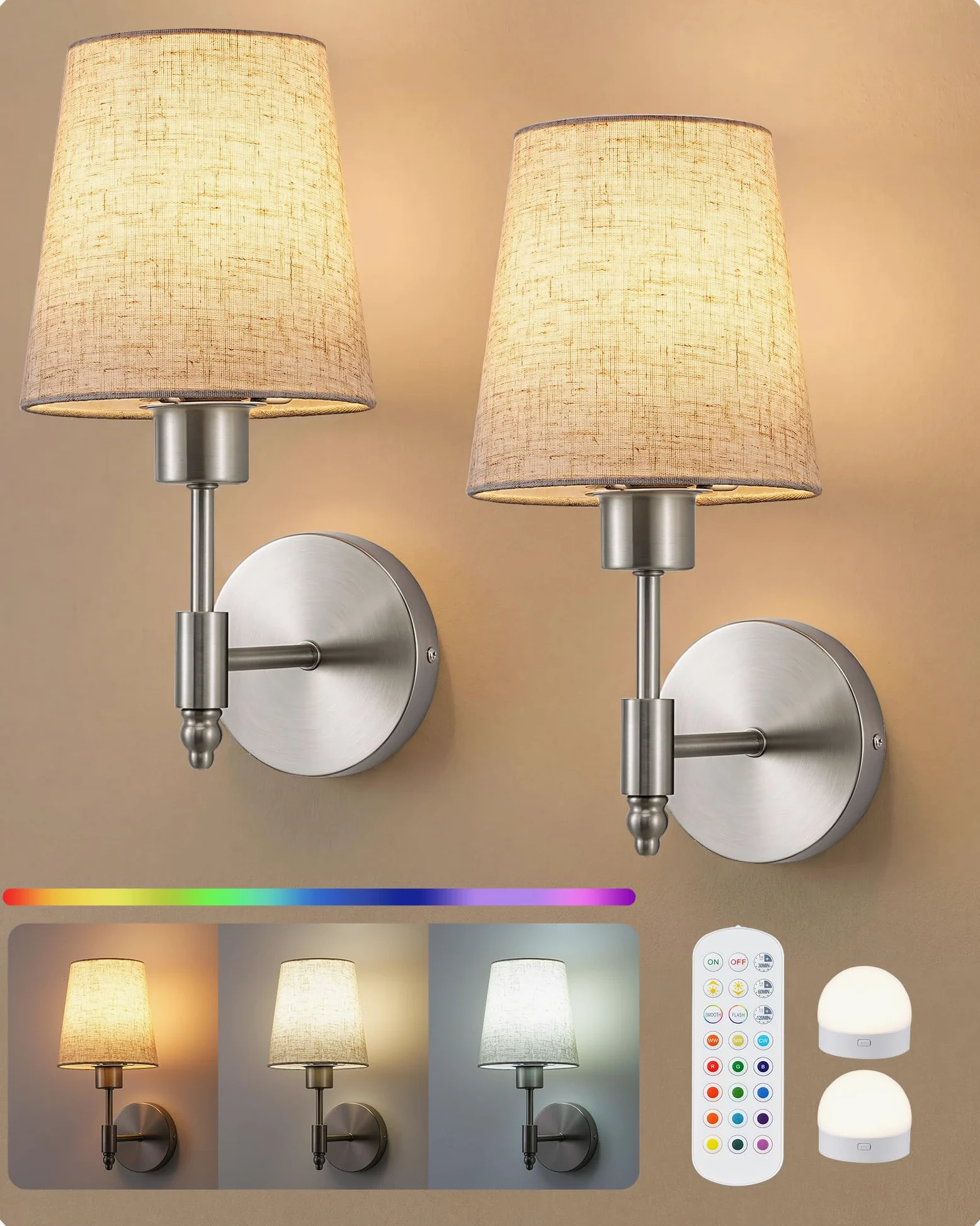 EDISHINE Lampada da Parete Senza Fili con Telecomando, 12 Colori RGB | Set 2 Applique da Parete Ricaricabili, LED Magnetiche, 3000-6500K, Dimmerabile, Timer, per Camera da Letto, Scala, Corridoio