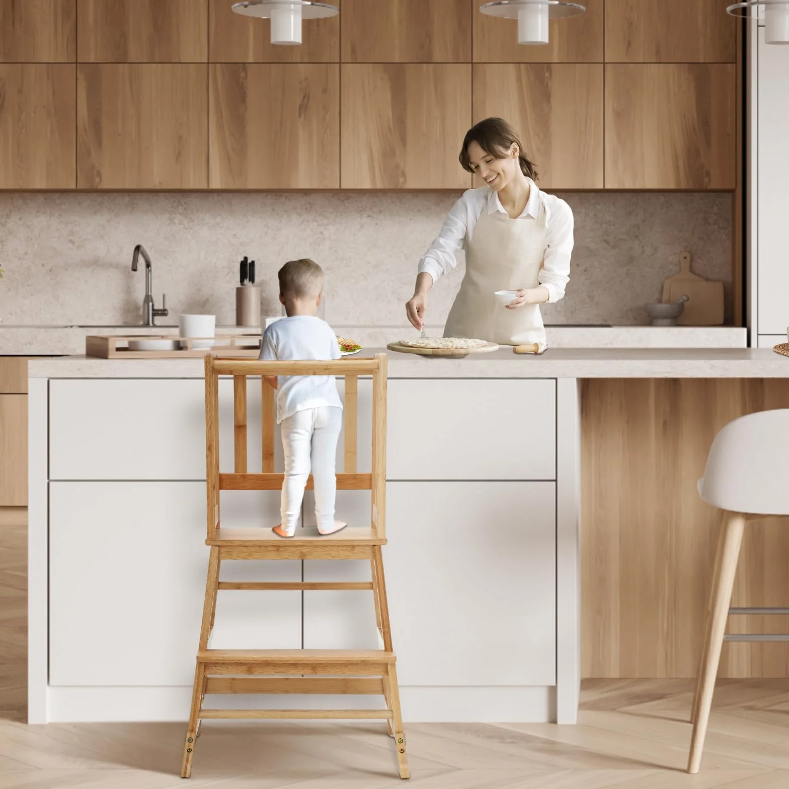 COSYLAND Torre Montessoriana per Bambini 18-36 Mesi - Torre di Apprendimento con Struttura a A Antiribaltamento, Legno Naturale