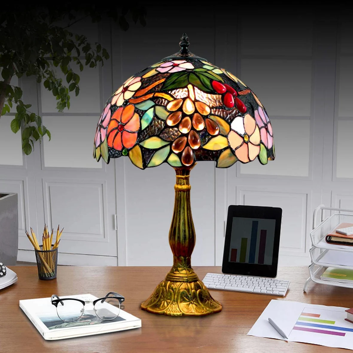 Lampada in stile Tiffany, 12 pollici Lampada da comodino notte a paralume fatto a mano in vetro colorato, Lampada da tavolo, per Soggiorno Camera da letto Tavolino da caffè