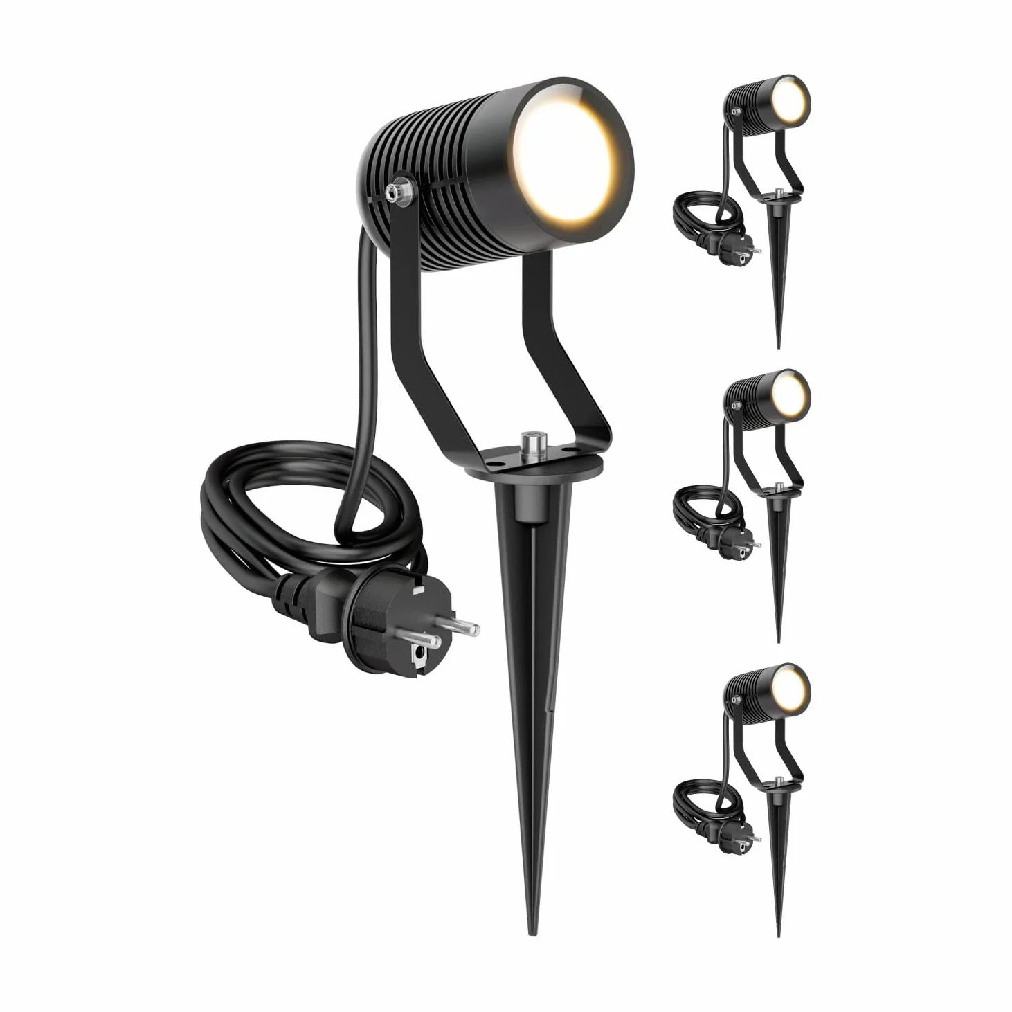 ledscom.de 4 faretti da giardino SHINGA con picchetto da terra per esterni, IP65, con spina, neri, con lampadina LED GU10 da 630 lm, bianco caldo