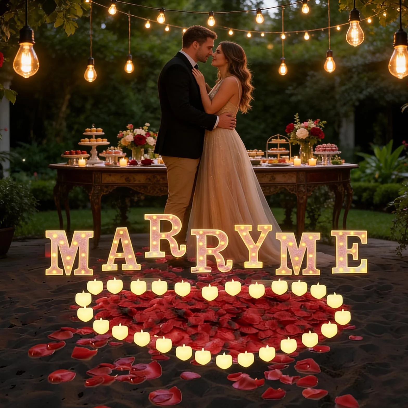 2031 pezzi rosa MARRY ME lettere luminose come decorazione per proposte di matrimonio, 2000 petali di rosa, cartello MARRY ME con 24 candele a cuore senza fiamma, per proposte di matrimonio