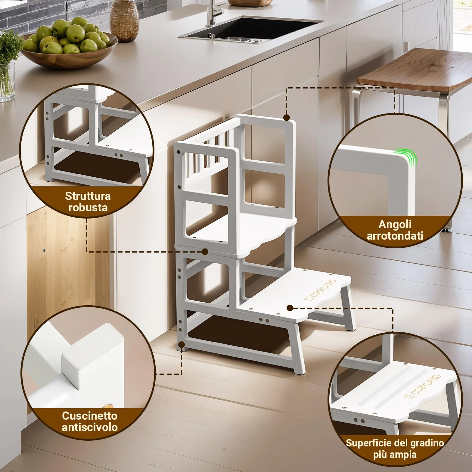 COSYLAND Torre Montessoriana 2 in 1 per Bambini con Protezione Rimovibile 136 kg Bianco