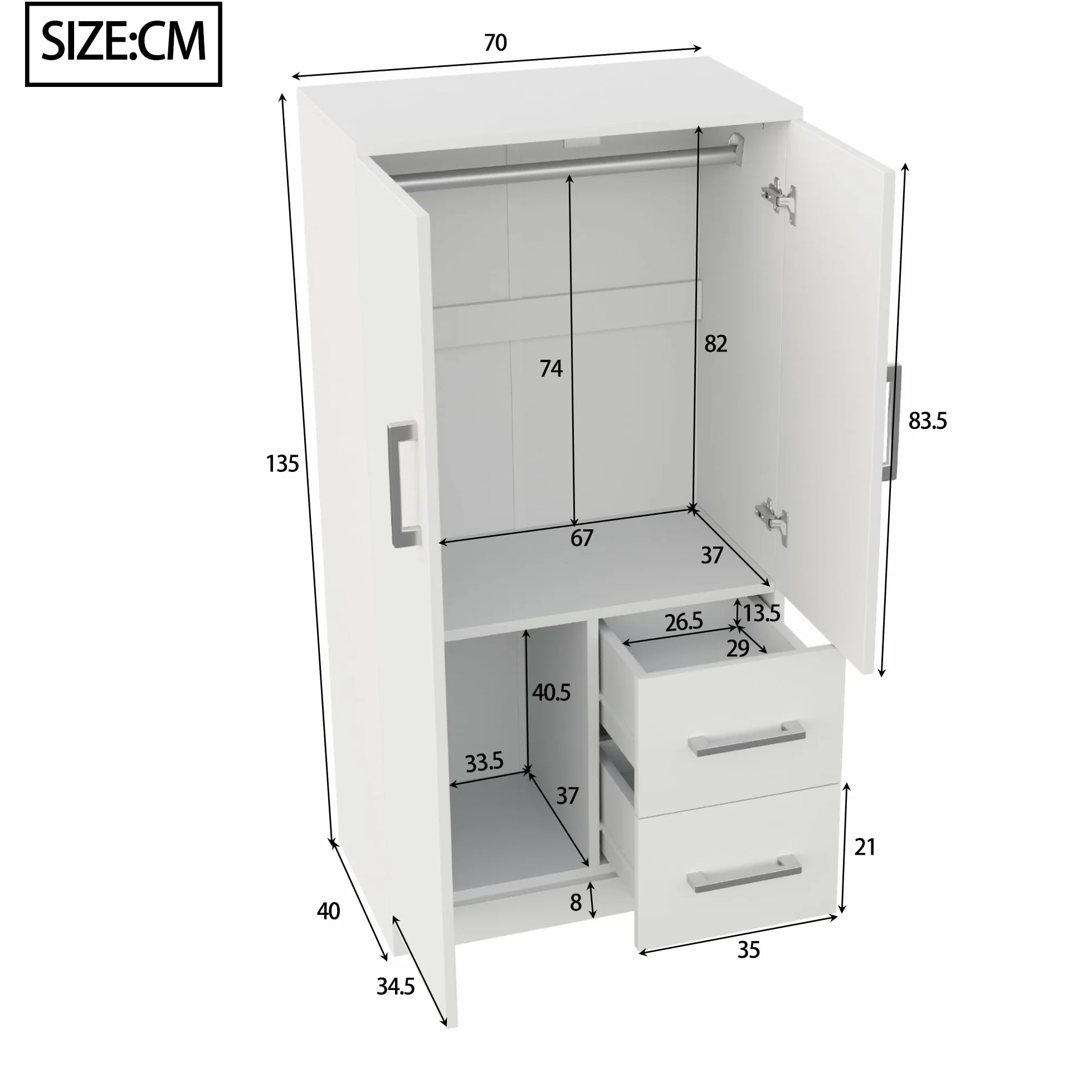 Armadio Bambini 2 Ante Legno 70x40x135 cm Bianco