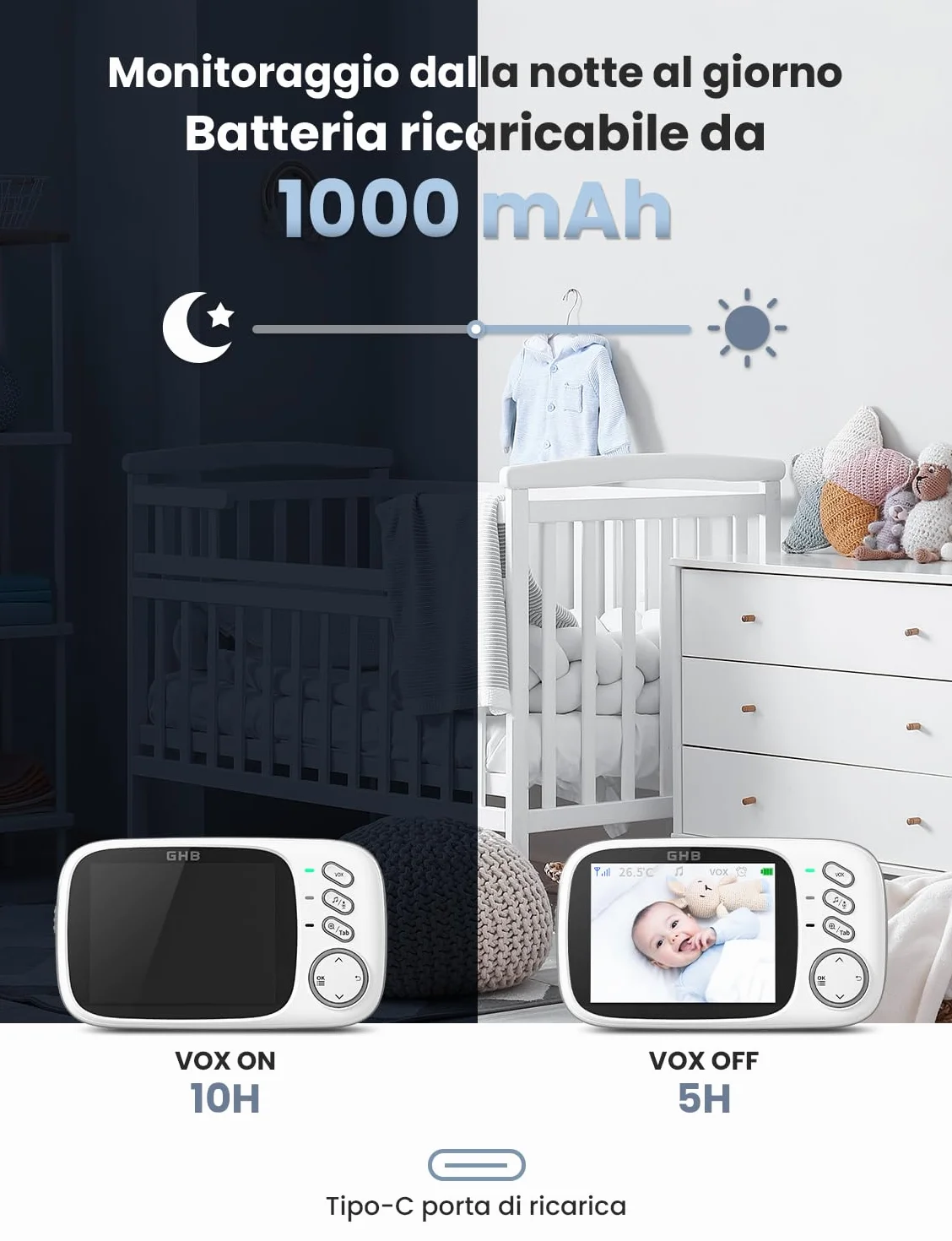 GHB Baby Monitor Video e Audio 3.2'', Telecamera Bambini con Monitor 1000mAh, Visione Notturna, Rilevamento Temperatura, Interfono Bidirezionale, VOX