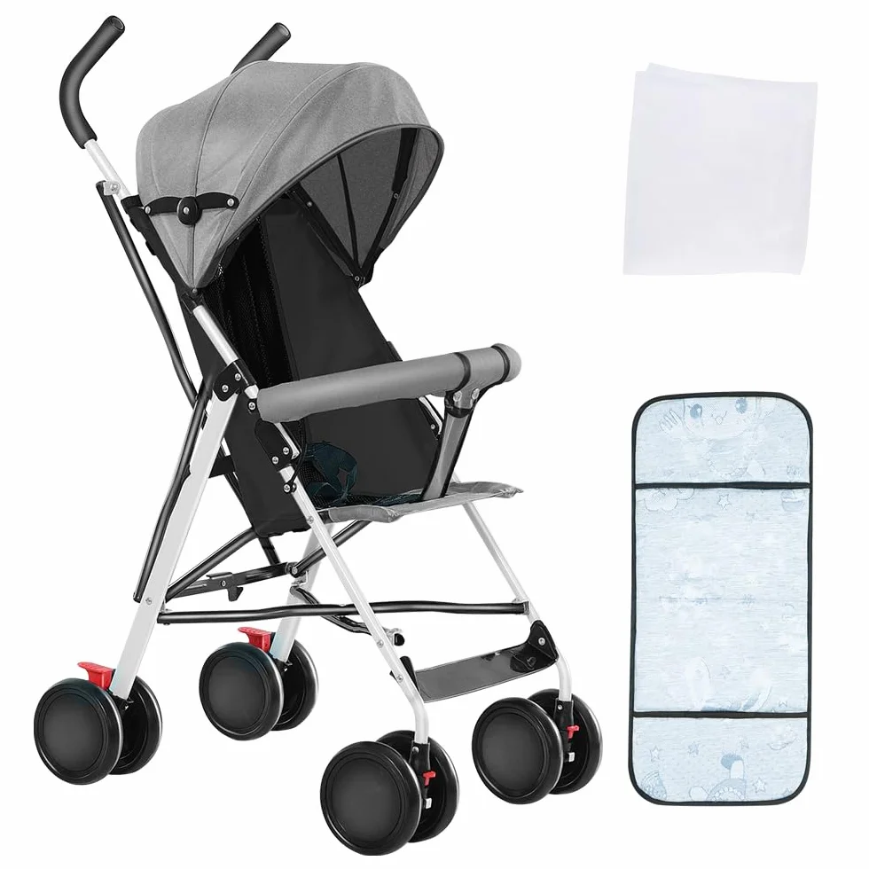 OHMG Passeggino Canne compatto 0-4 anni pieghevole con una mano schienale reclinabile imbracatura a 5 punti leggero con baldacchino e zanzariera