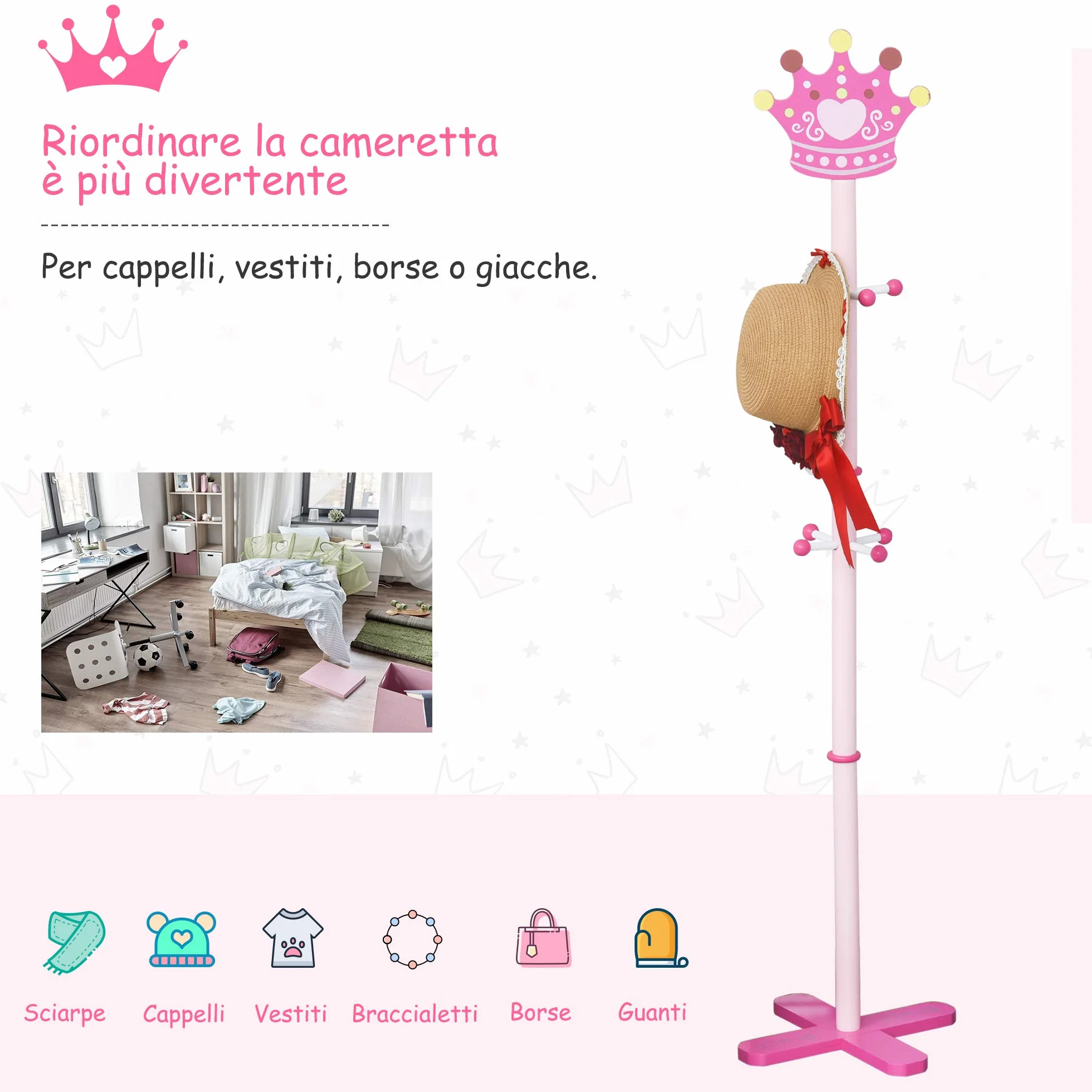 HOMCOM Appendiabiti da Terra in Legno Rosa con 8 Ganci a Forma di Corona 35x35x142cm