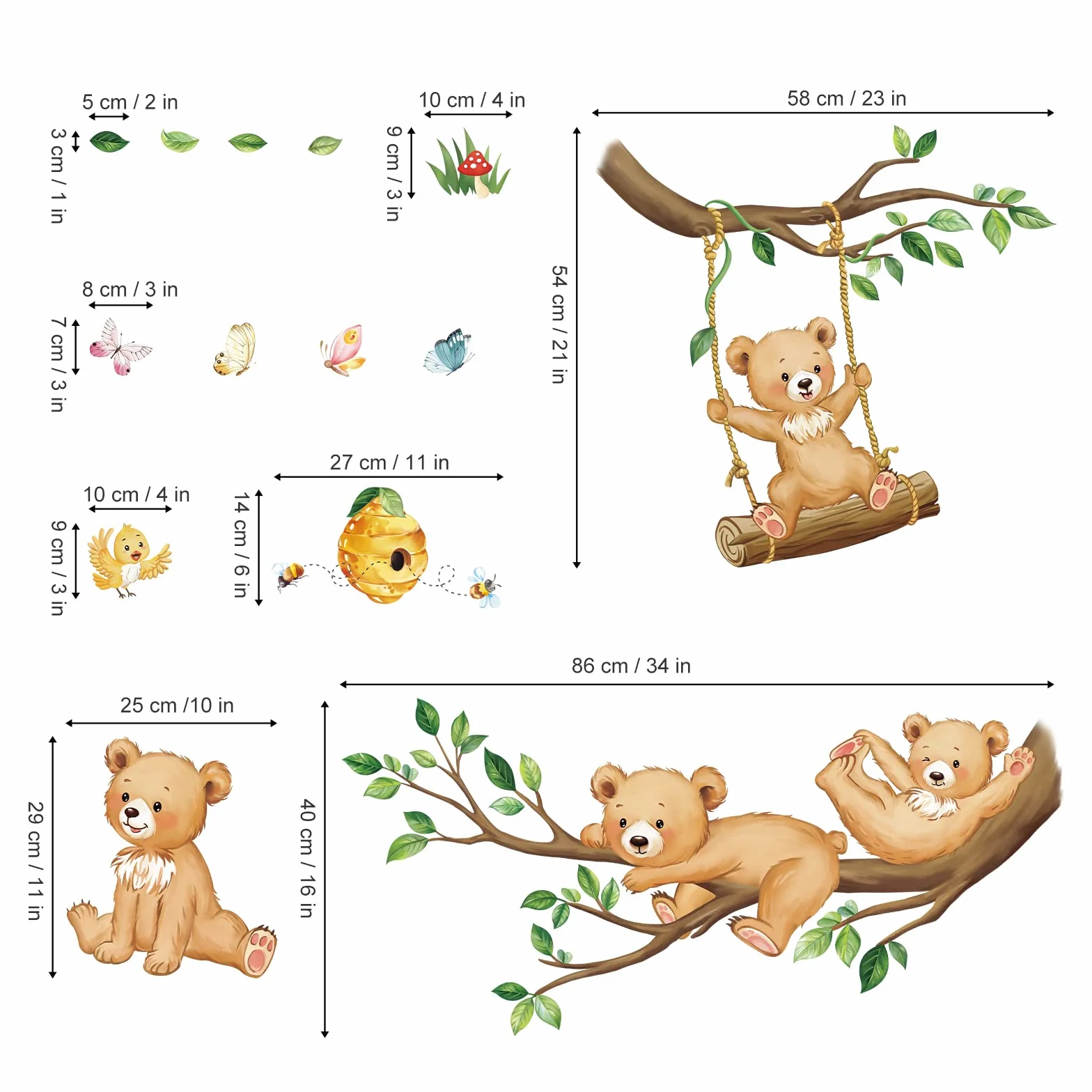 Adesivi Murali Bambini Orso Animali del Bosco Albero Decorazione Murale Camerette