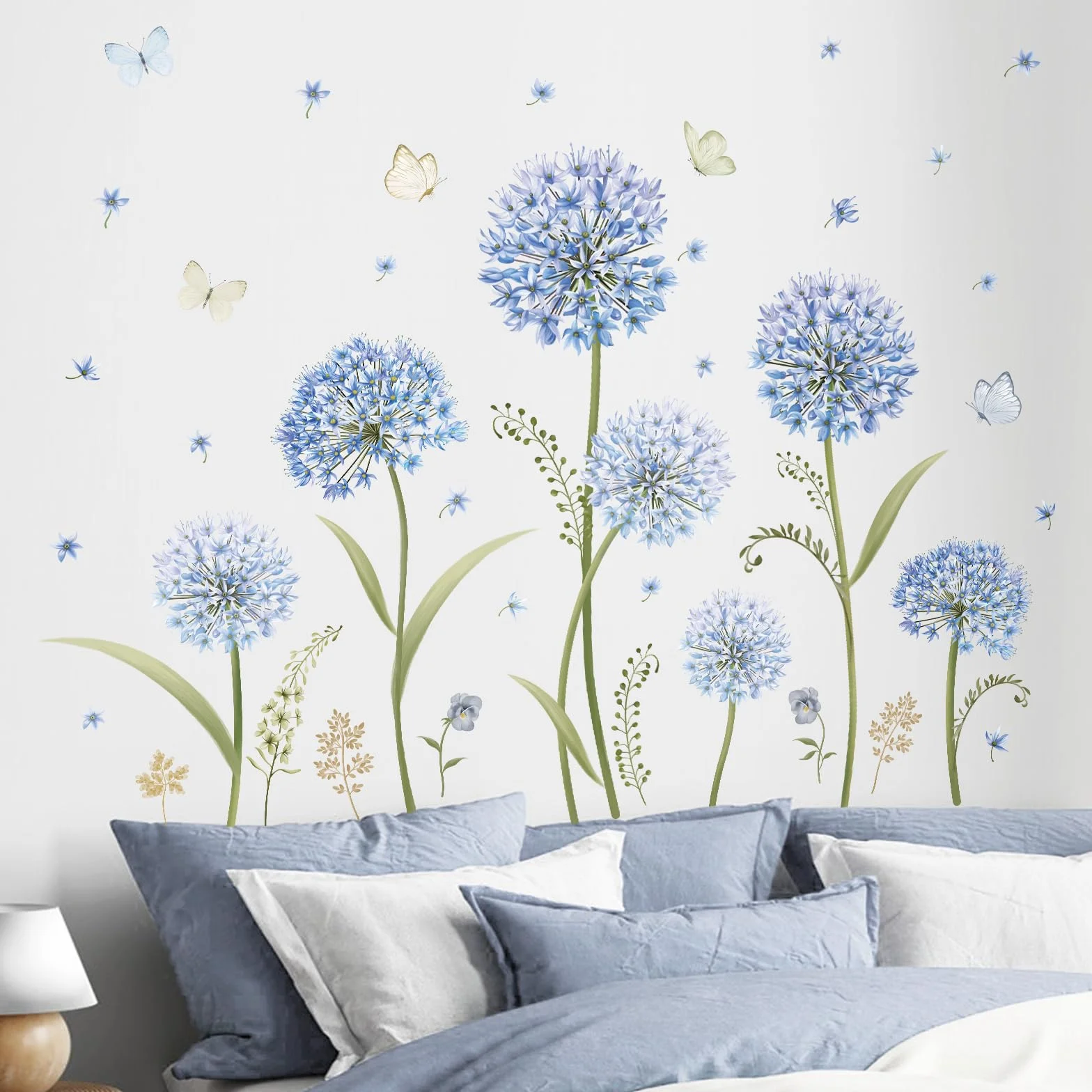 Decalmile Adesivi Murali Fiori Blu Dente di Leone Farfalle Floreali Decorazione Murale Camera da Letto