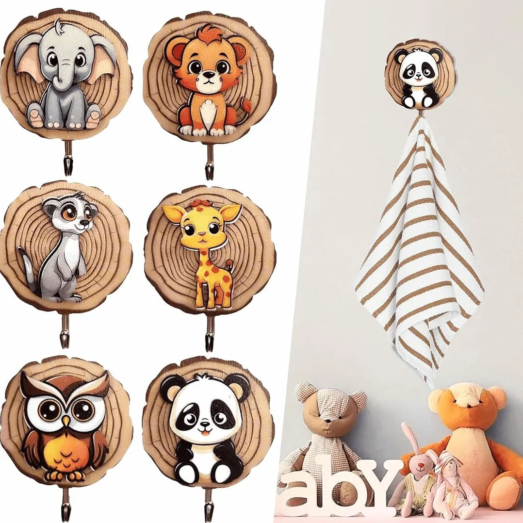 Appendiabiti per bambini a forma di animale, Ganci Autoadesivi in legno, 6 pezzi regalo camera
