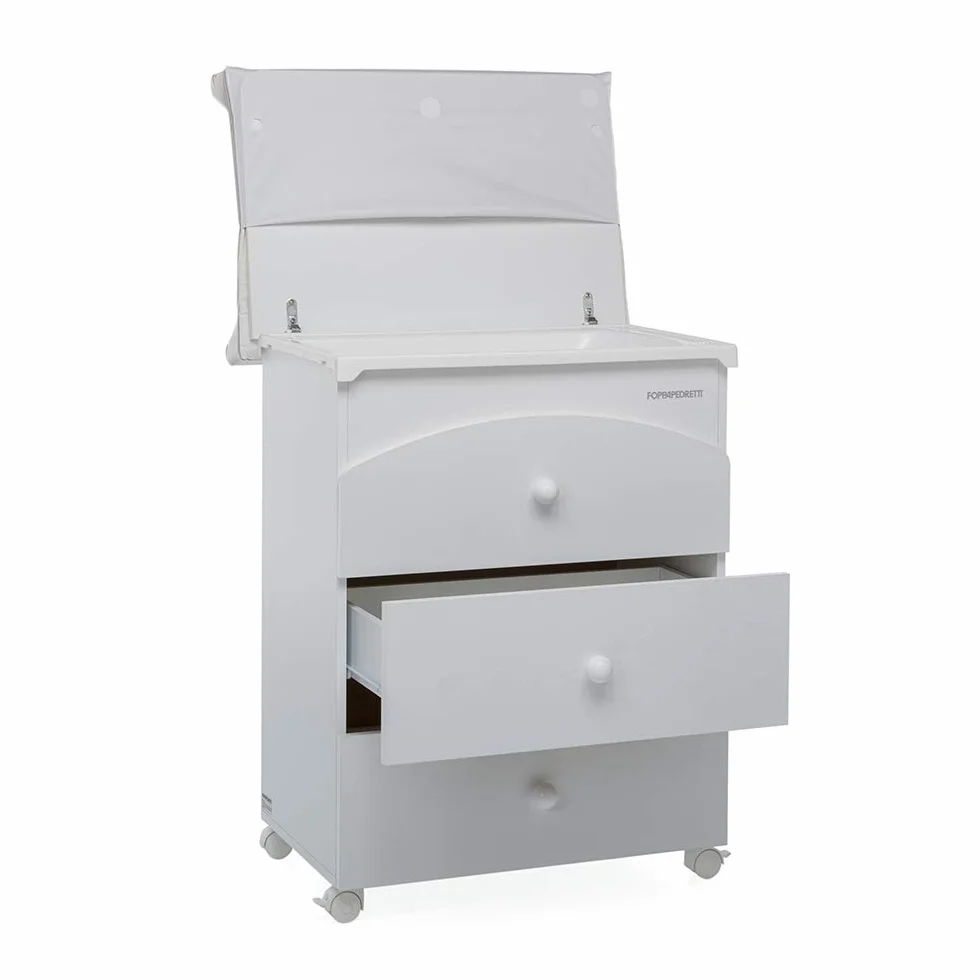 Foppapedretti Bagnetto Fasciatoio IlBagnetto, Legno, 3 Cassetti, Piano Ribaltabile, Vaschetta Anatomica Estraibile, 4 ruote, Materassino Incluso, 89x46x69 cm, Bianco