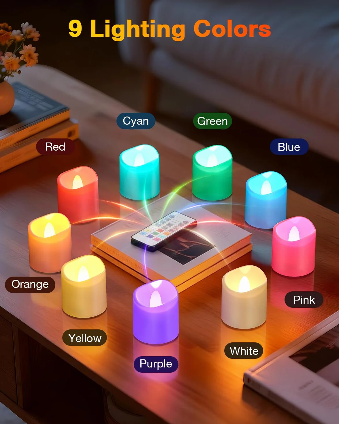Yme Candele colorate ricaricabili con stazione di ricarica, 12 candele a LED Candele elettriche ricaricabili tremolanti con telecomando e timer per la stanza Halloween Natale Decorazione - RGB