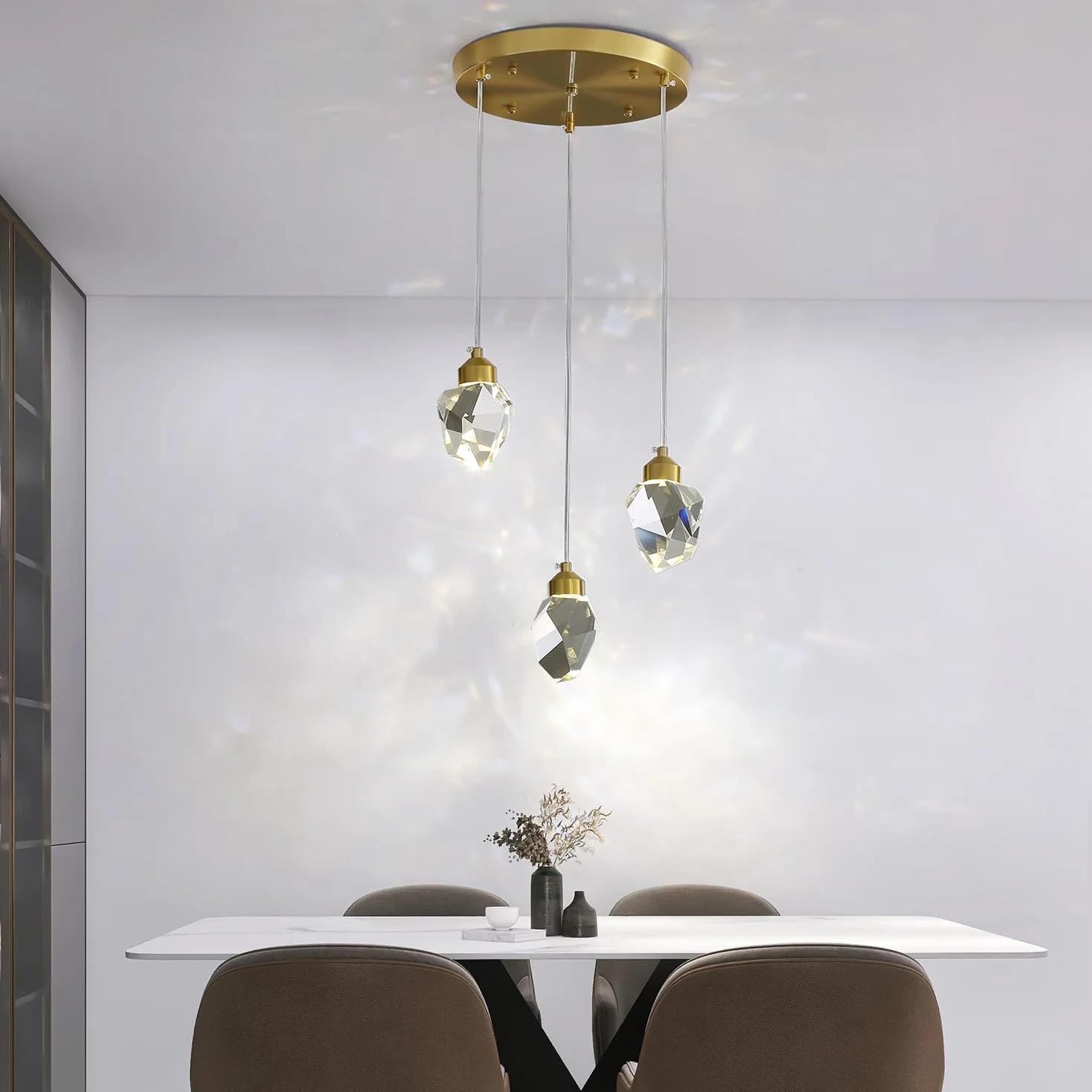 Moderna Lampada A Sospensione In Cristallo, Lampada A Sospensione In Cristallo A Led A 3 Colori, Per Cucina Isola Camera Da Letto Soggiorno Illuminazione Sala Da Pranzo (Base Rotonda A 3 Teste)