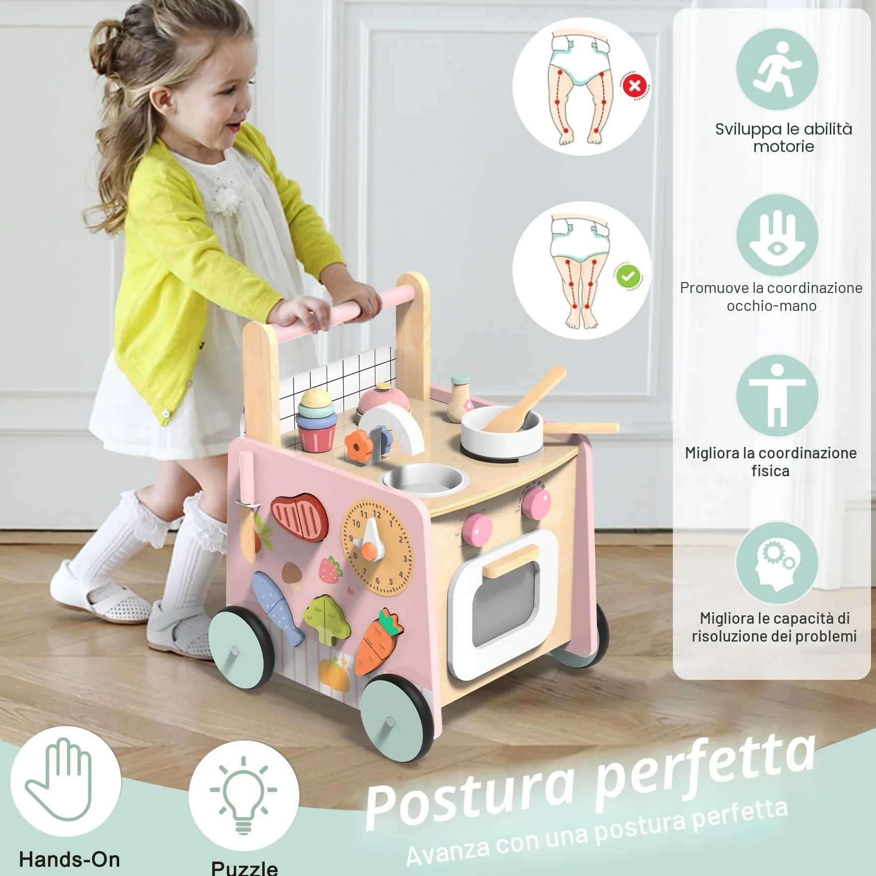 Girello Bambini Legno 9 in 1 Carrello Primi Passi con Giocattoli Montessori Cucina da Gioco, Regalo Natale