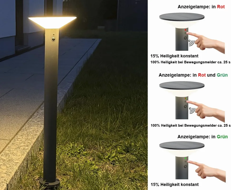 Lampada solare per vialetti con sensore di movimento, illuminazione da giardino con batteria integrata da 2000 mAh, 300 lm, IP44, 3000 K, bianco caldo, lampada solare per esterni/terrazze/balconi