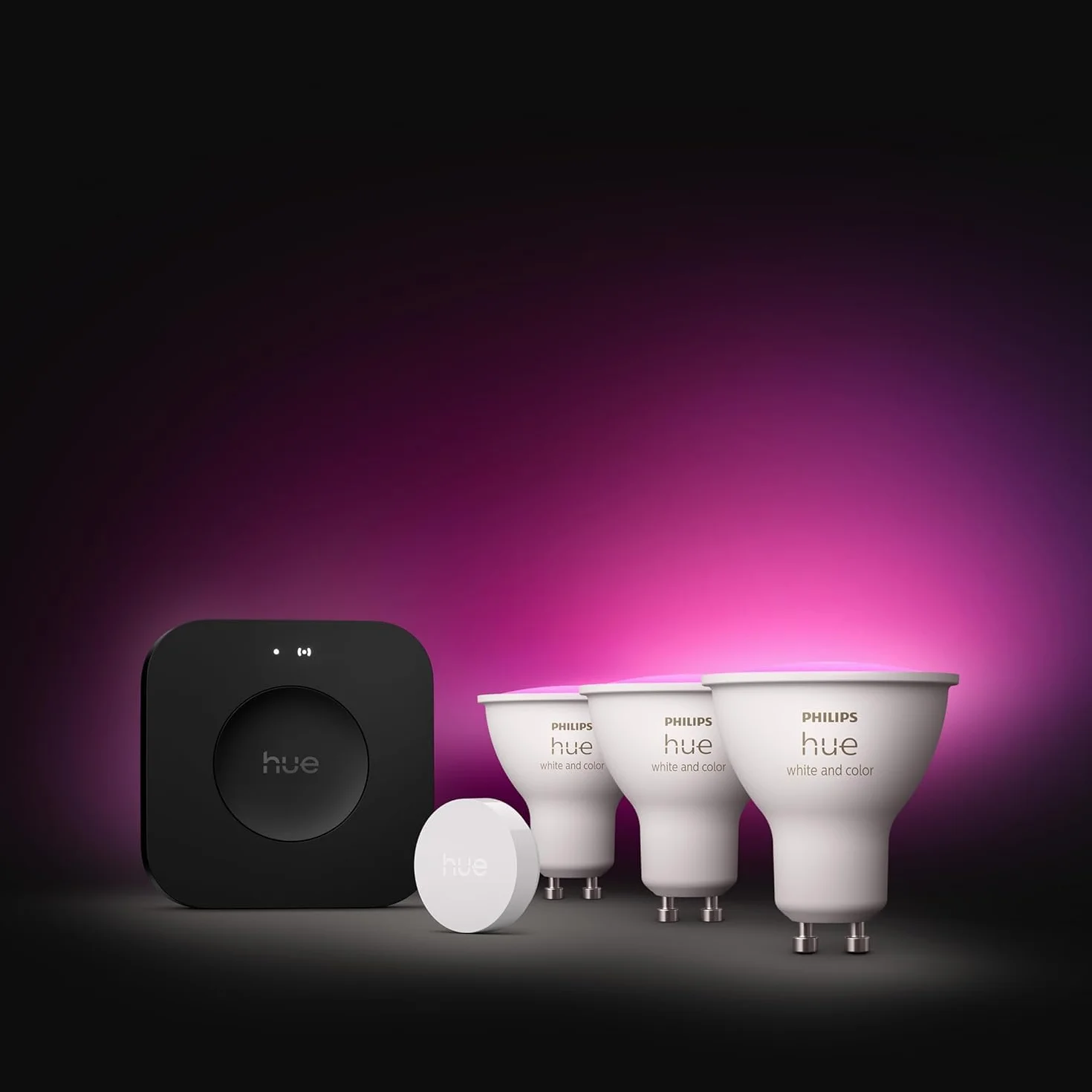 Philips Hue Starter Kit, Con Hub Bridge Pro, 3 lampadine smart GU10 e Smart button, Lampadine intelligenti con luce bianca e colorata, Luci smart compatibili con Alexa, Google Assistant e Apple Home