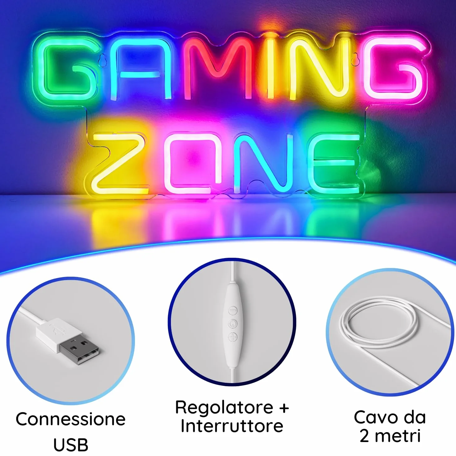 Luci Neon LED Gaming Zone Lampada Neon Parete Gamer, Insegna Luminosa LED Camera Decorazioni Gaming Room Muro, Scritta Neon, Luce Insigne Luminose. Connettore USB con Dimmer