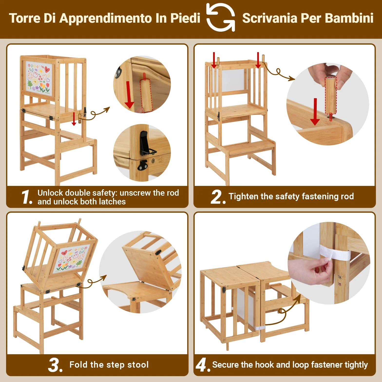 COSYLAND Torre Montessoriana Bambini 3 in 1 con Lavagna Bianca Naturale Classico