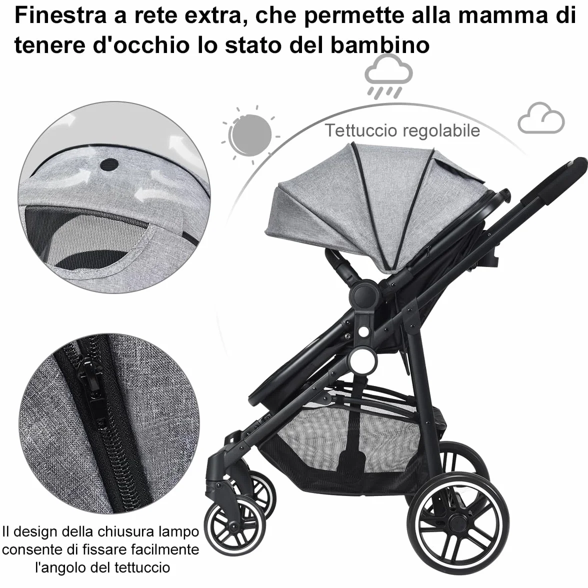 RELAX4LIFE Passeggino Pieghevole Convertibile con Seduta Reversibile, Capottina Regolabile, Cintura 5 Punti (Grigio)