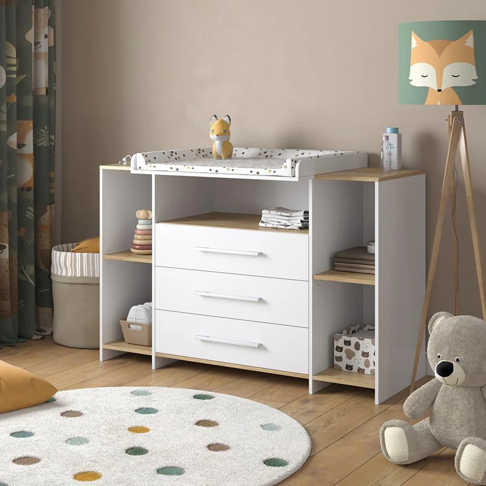 Vicco Fasciatoio Oskar, Rovere bianco/dorato, 143.2 x 93 cm, 3 cassetti, area di appoggio estensibile