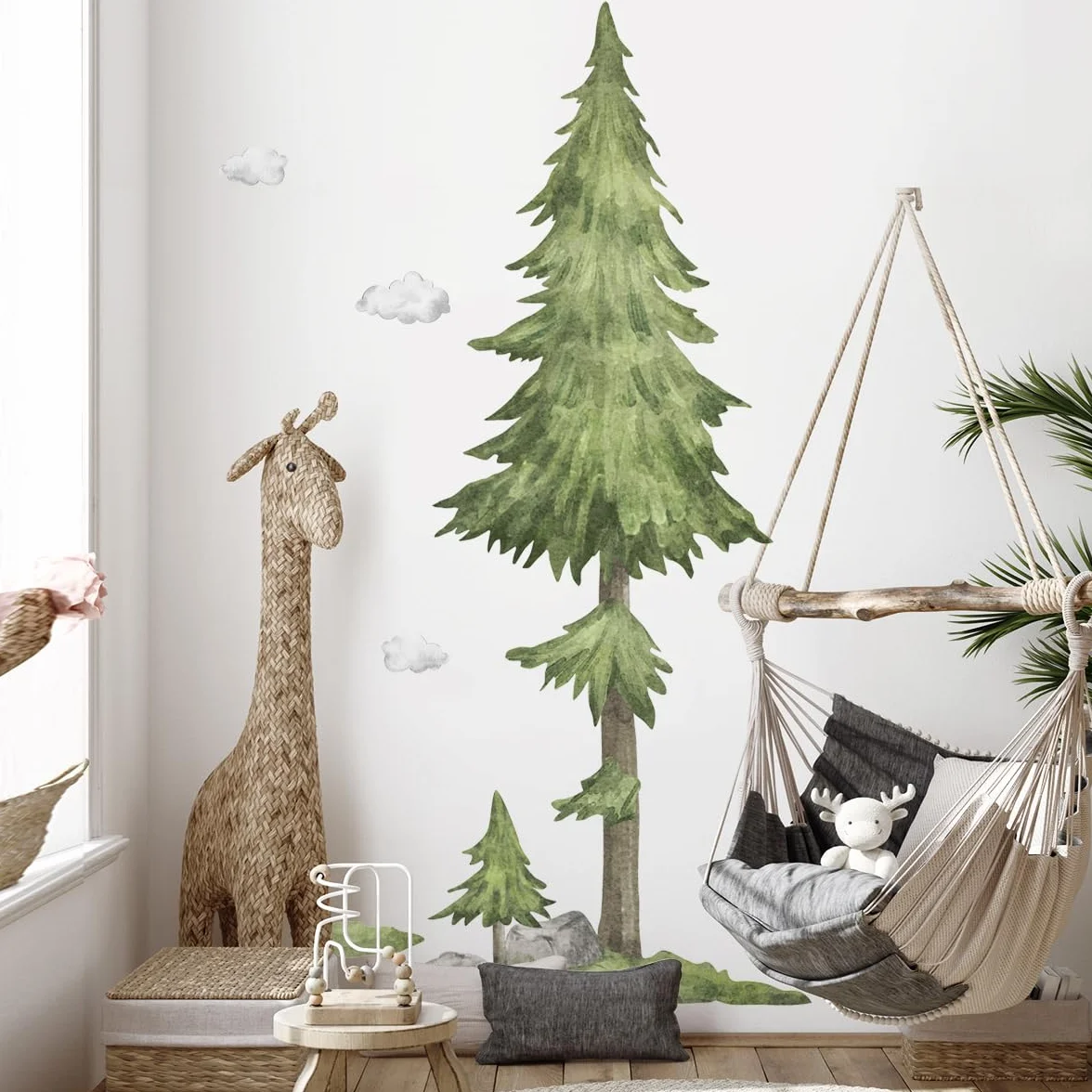 Giganti Adesivi murali bambini ALBERO acquerello 135x215 cm Murales adesivi da parete grandi albero pino foresta Decorazioni parete cameretta camera da letto bambini XXL